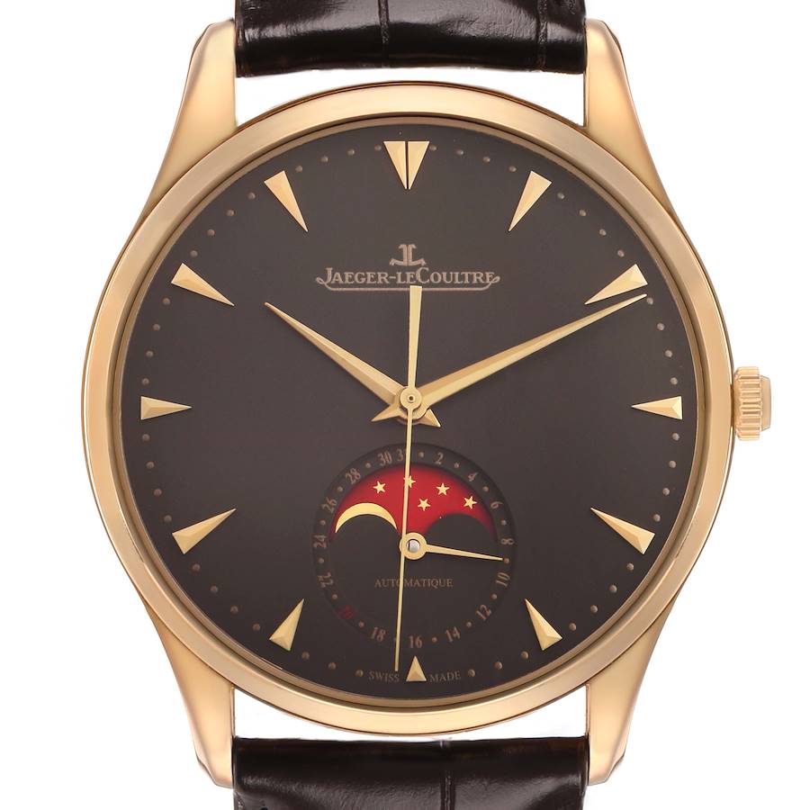 The Jaeger-LeCoultre Master watch is shown from the front, displaying its dial, moon phase, and leather strap.