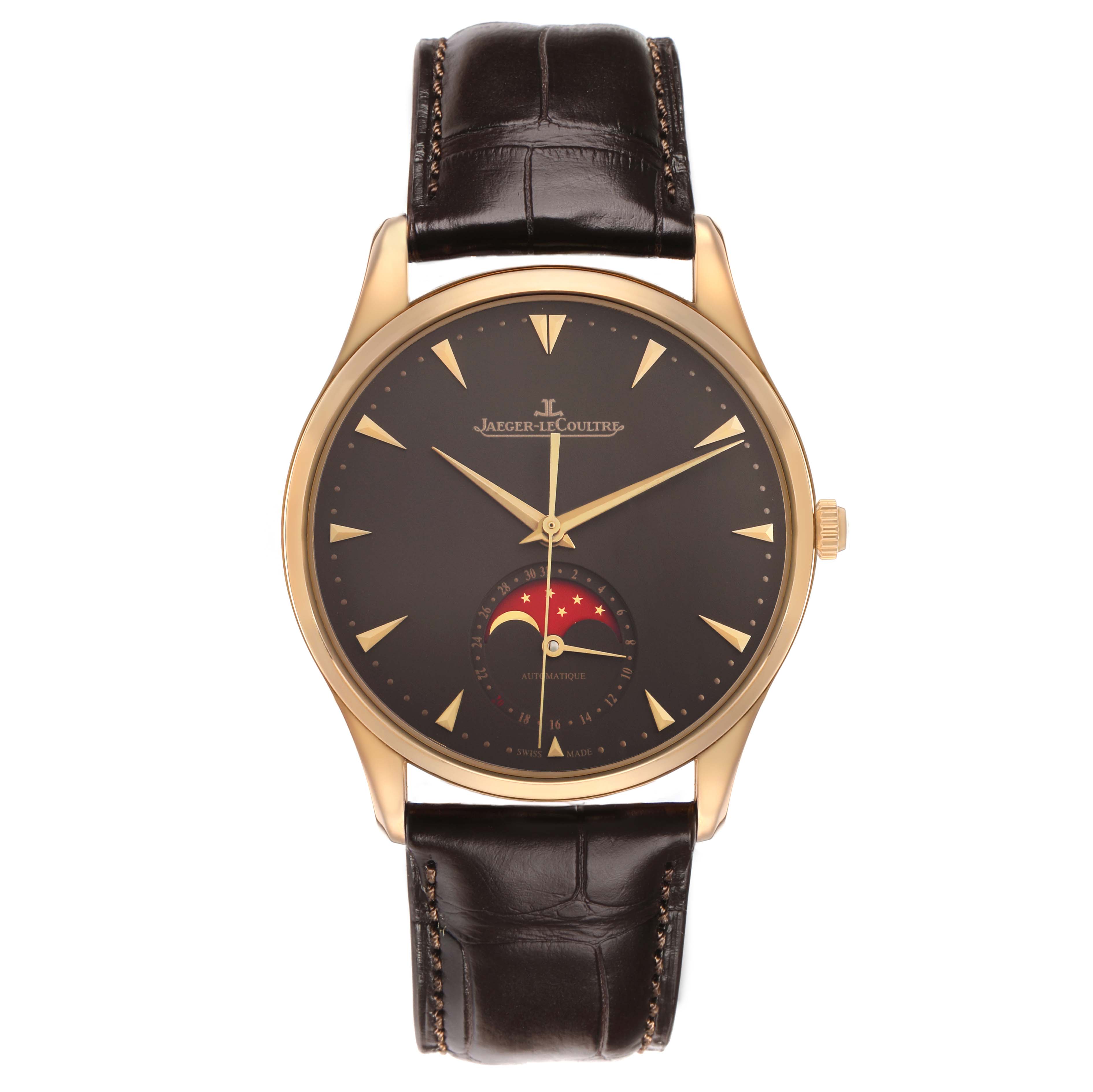 The Jaeger LeCoultre Master Q136256C Men's Rose Gold Brown Dial model watch is shown from the front, highlighting the face, hands, and strap.