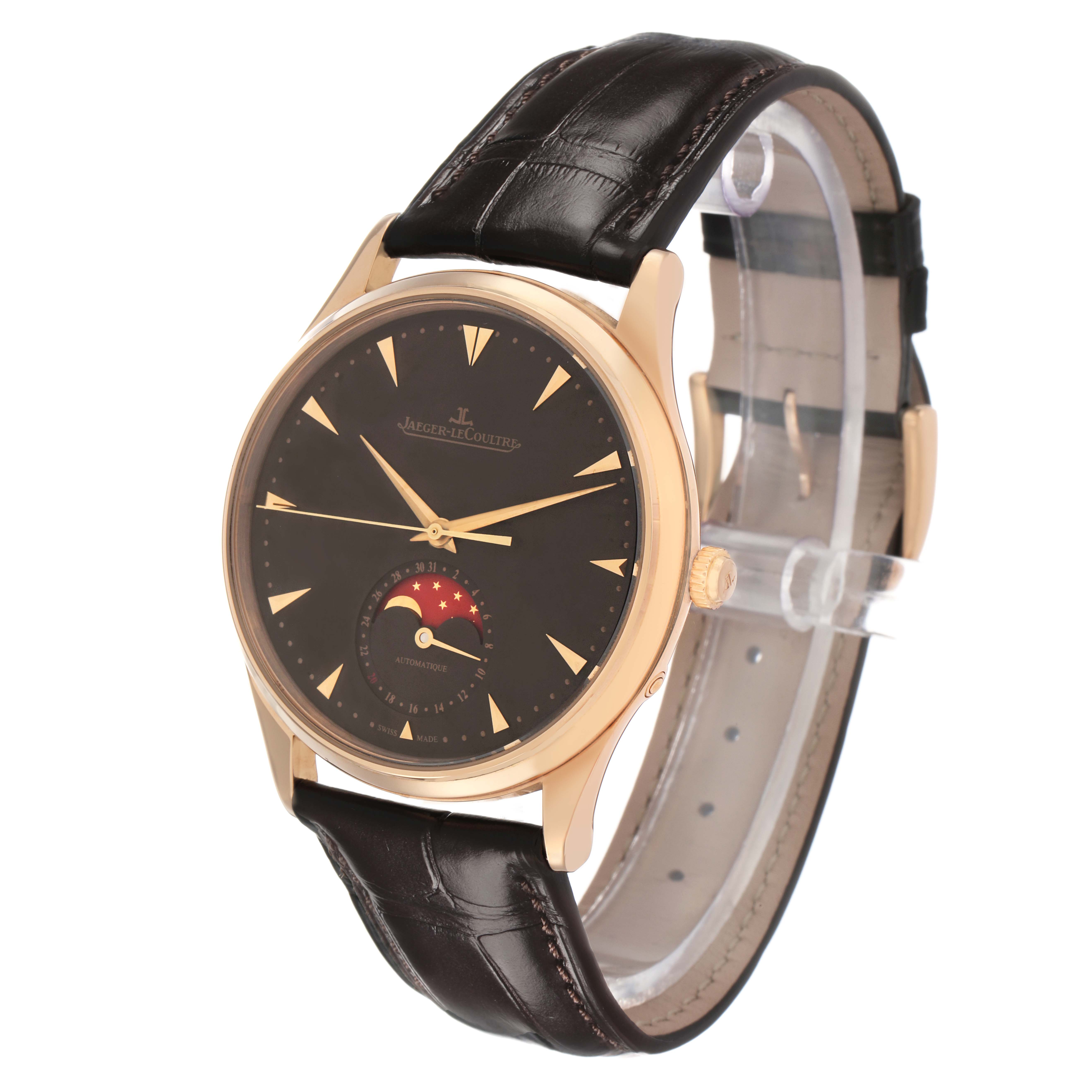 The Jaeger LeCoultre Master Q136256C Men's Rose Gold Brown Dial watch is angled to show the front and side, highlighting its dial, case, and strap.