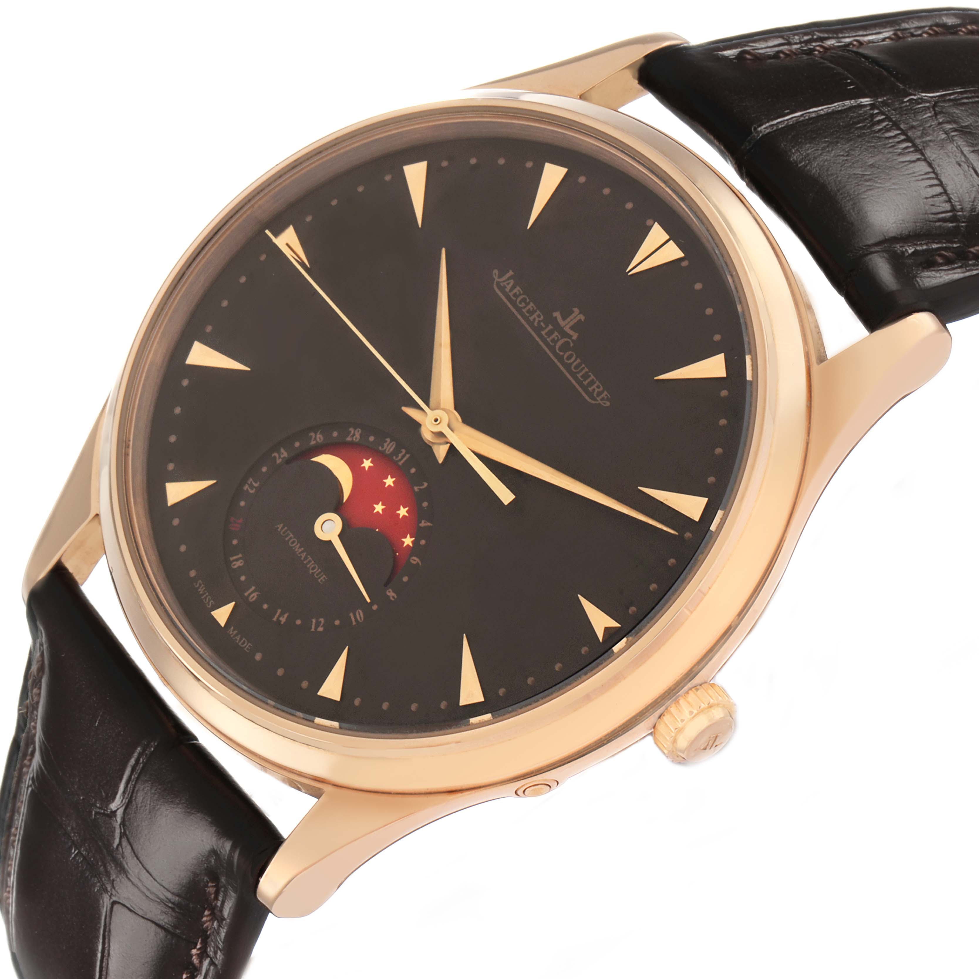 The Jaeger LeCoultre Master Q136256C Men's Rose Gold Brown Dial watch is shown at an angle highlighting the dial, moon phase display, and leather strap.