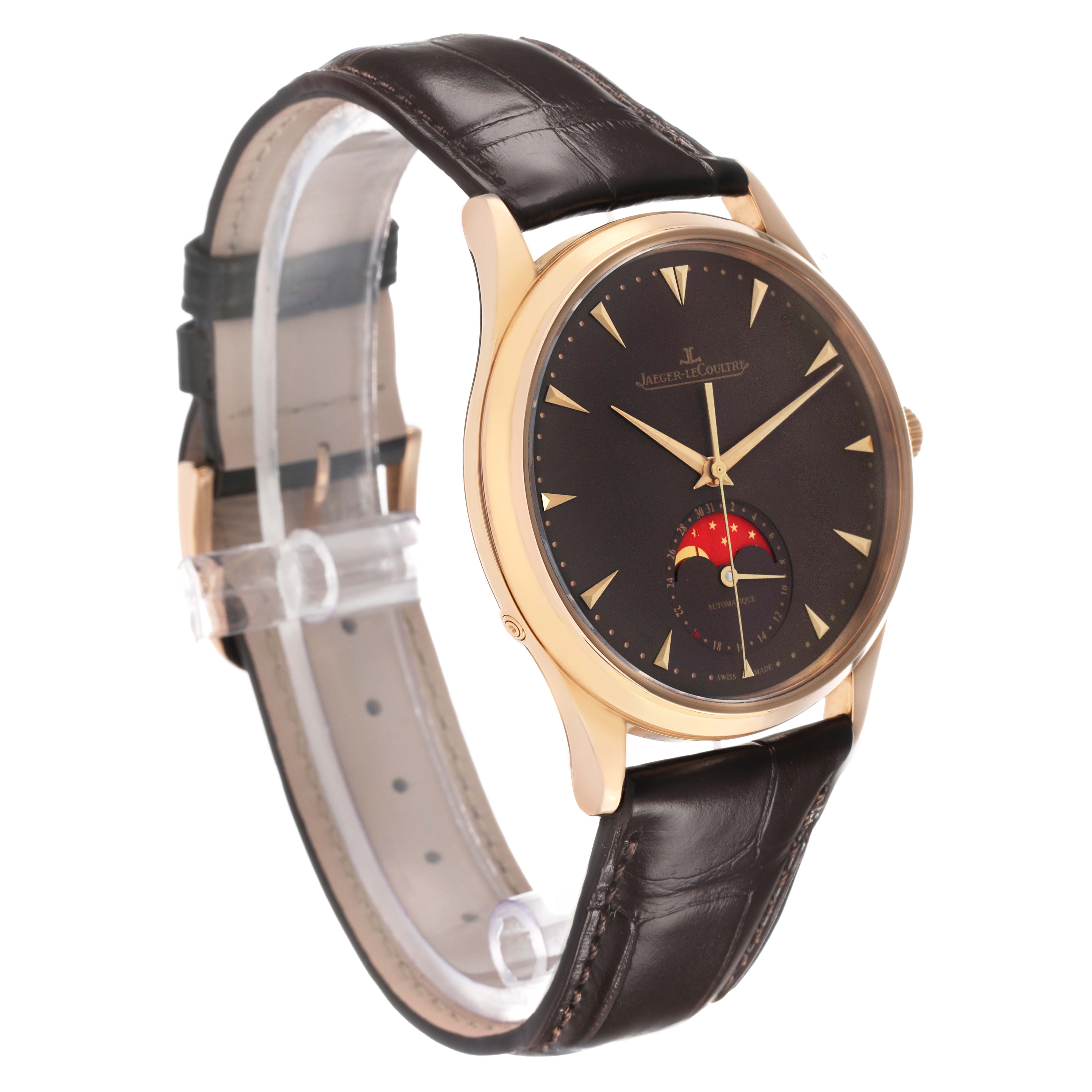 The Jaeger LeCoultre Master Q136256C Men's Rose Gold Brown Dial model is shown at a slight angle, highlighting the face, case, and strap, with moonphase display visible.