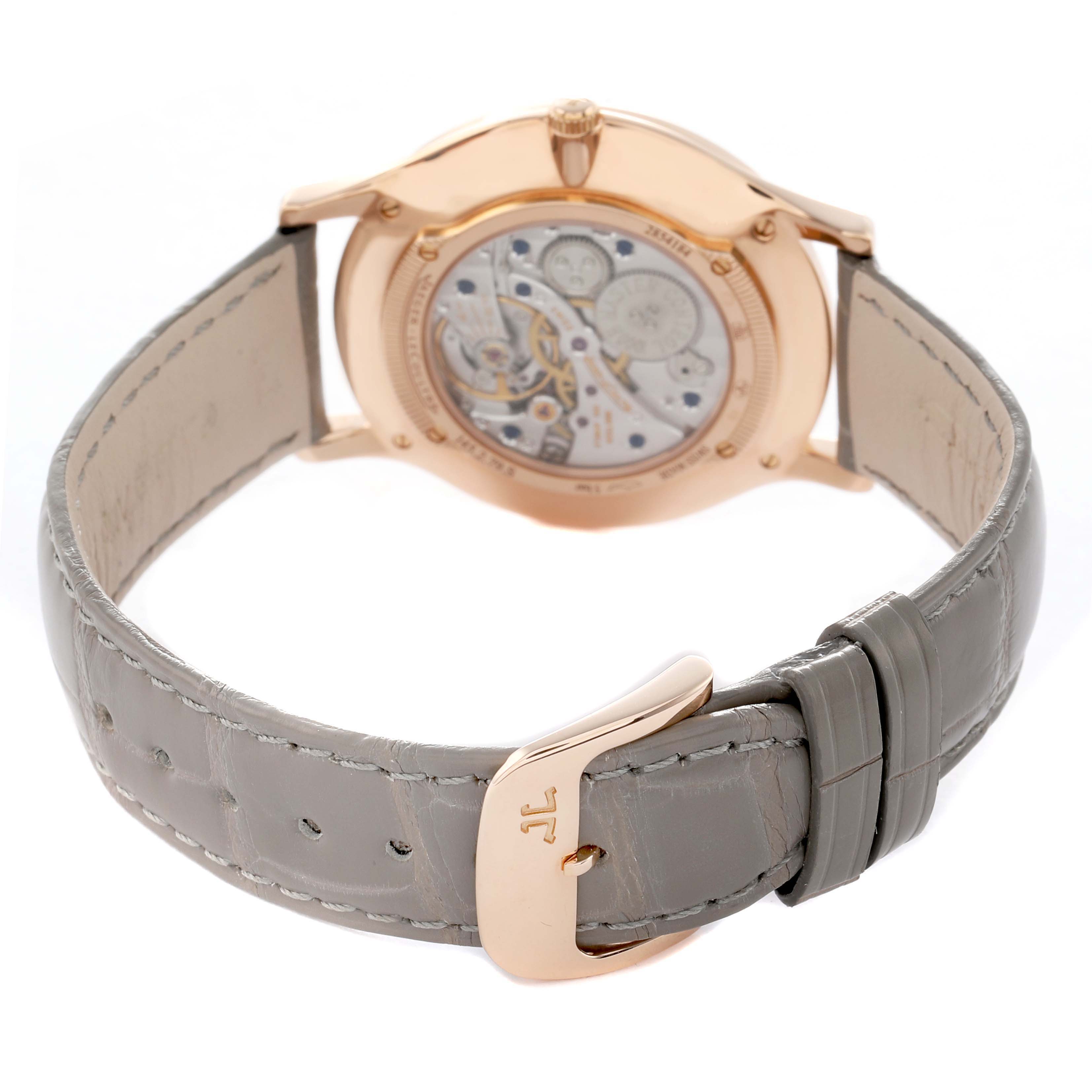The Jaeger LeCoultre Master Q1452507 Women's Rose Gold Silver Dial watch is shown from the back, highlighting the rear case and the strap buckle.