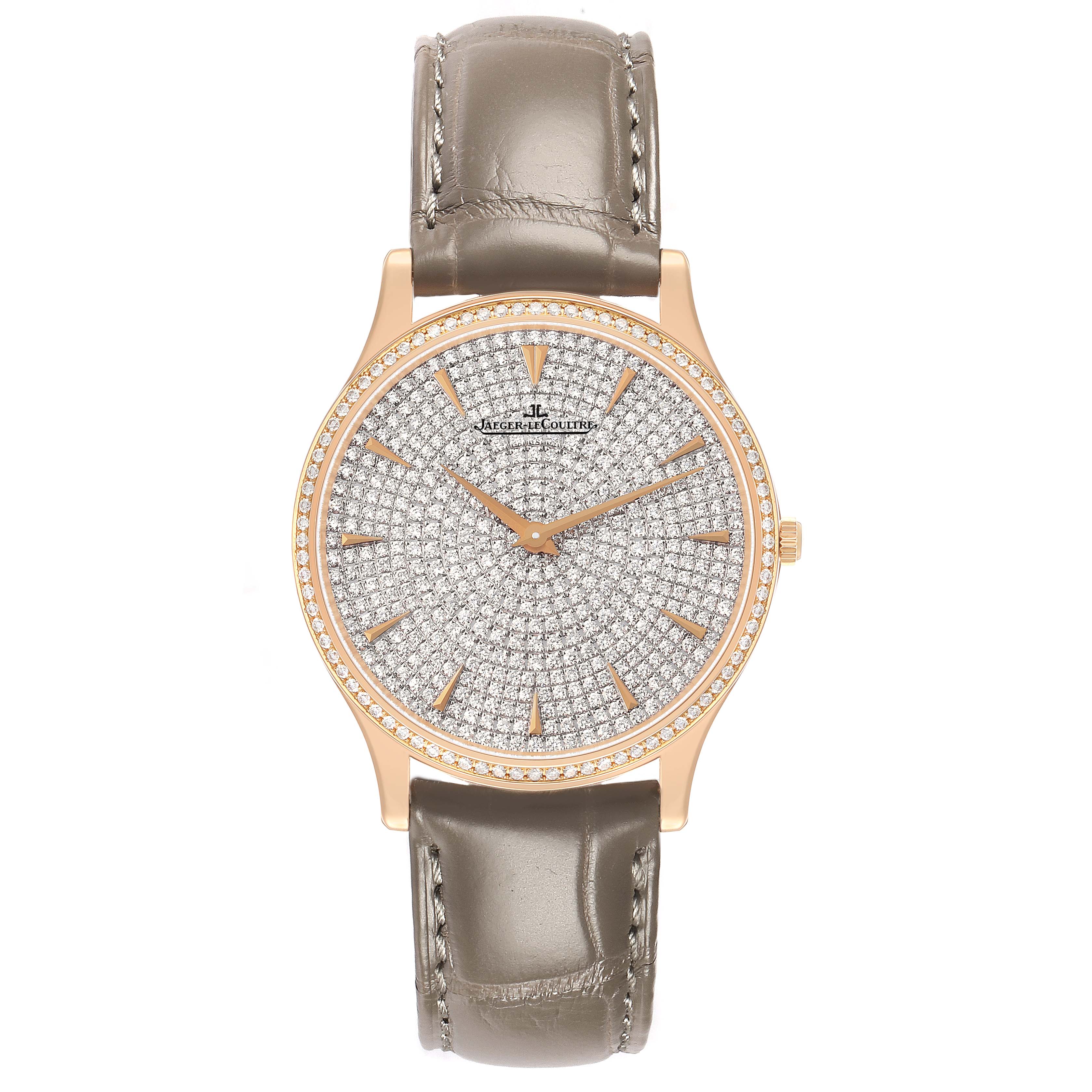 The Jaeger-LeCoultre Master model is shown from a top view, highlighting its diamond-studded dial and leather strap.