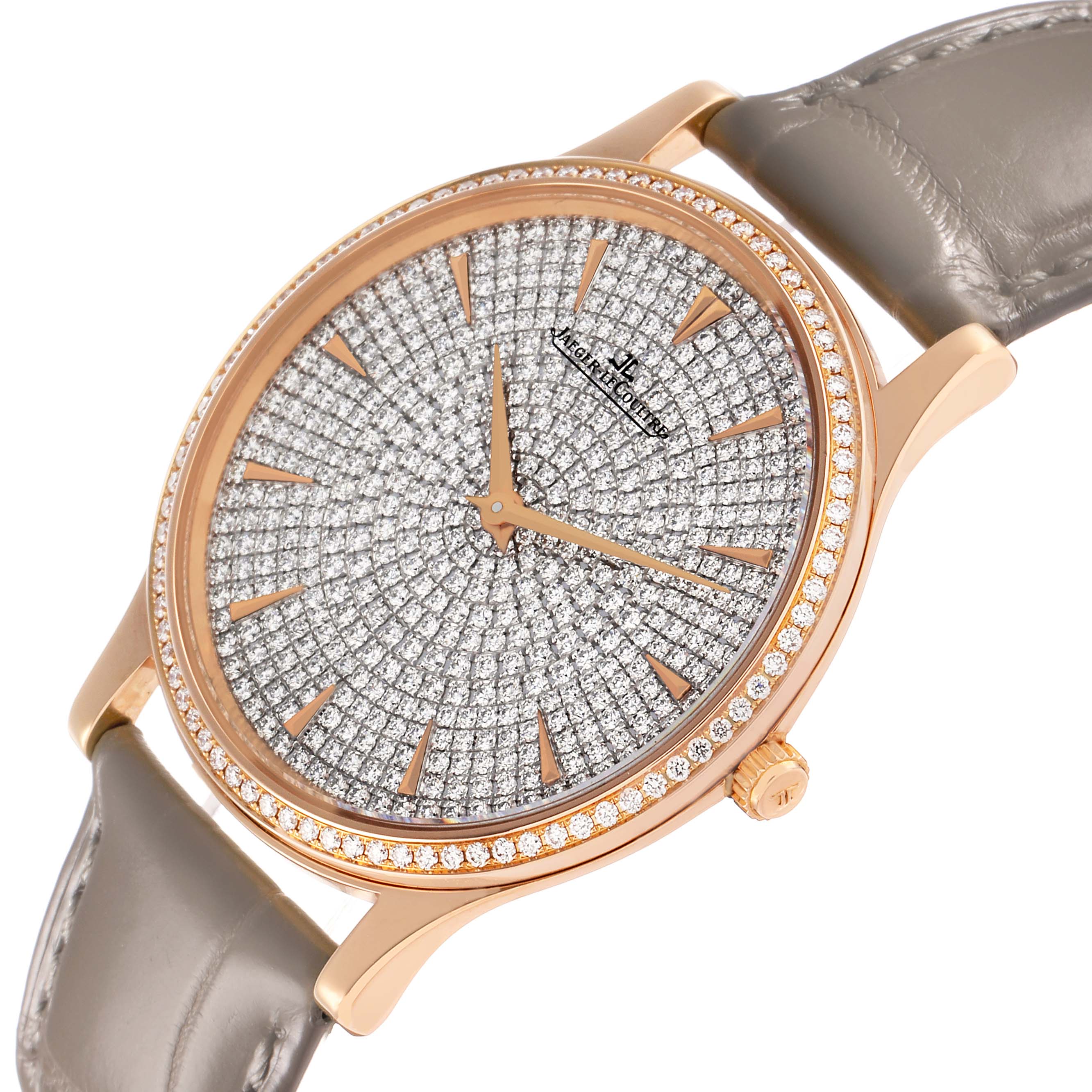 The Jaeger LeCoultre Master Q1452507 Women's Rose Gold Silver Dial watch is shown at a slight angle, displaying its diamond-encrusted dial, gold case, and leather strap.