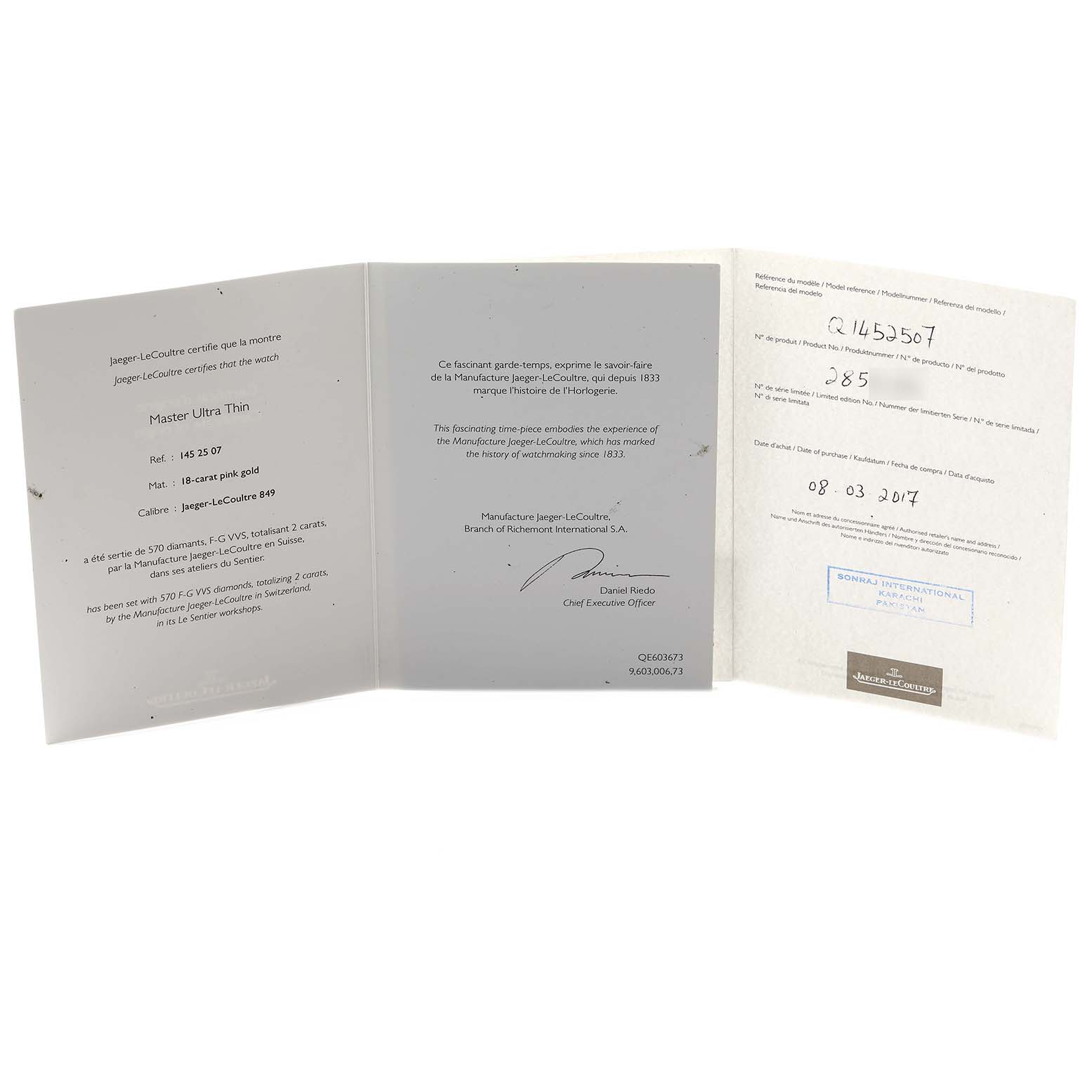 The image shows the warranty and certificate papers for the Jaeger-LeCoultre Master Ultra Thin watch.