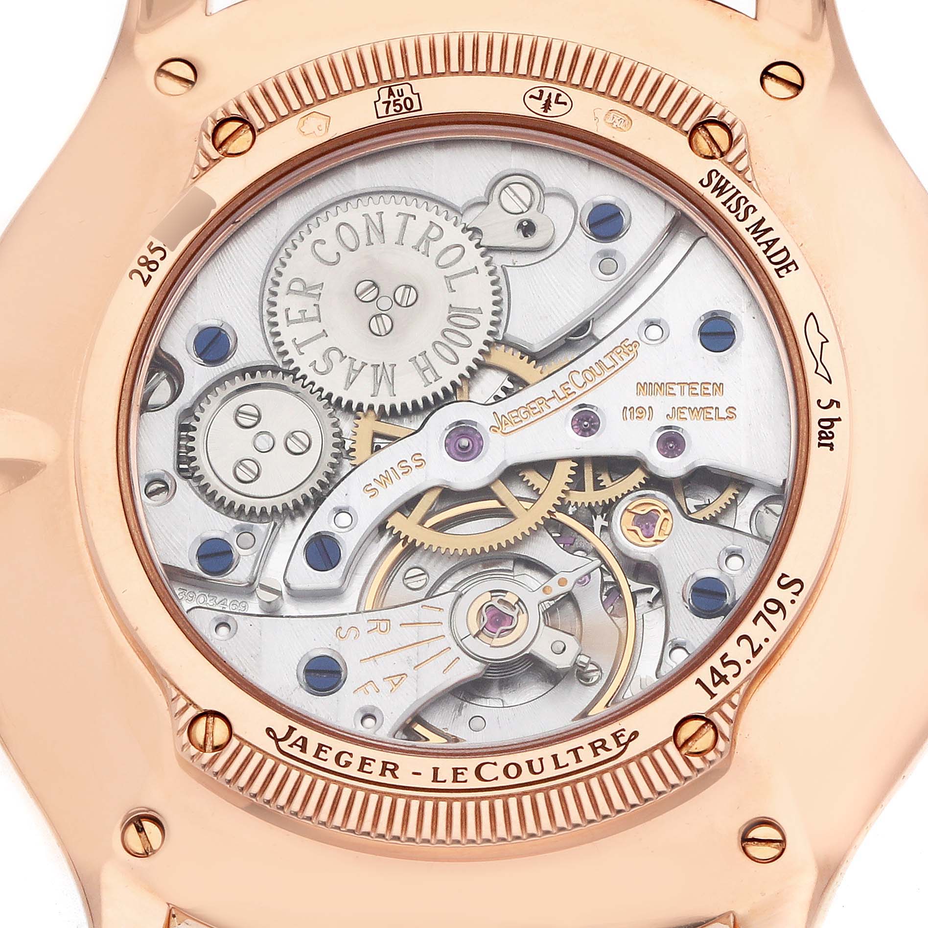 This image shows the back view of a Jaeger LeCoultre Master Q1452507 Women's Rose Gold Silver Dial model watch, highlighting its intricate movement and mechanisms.