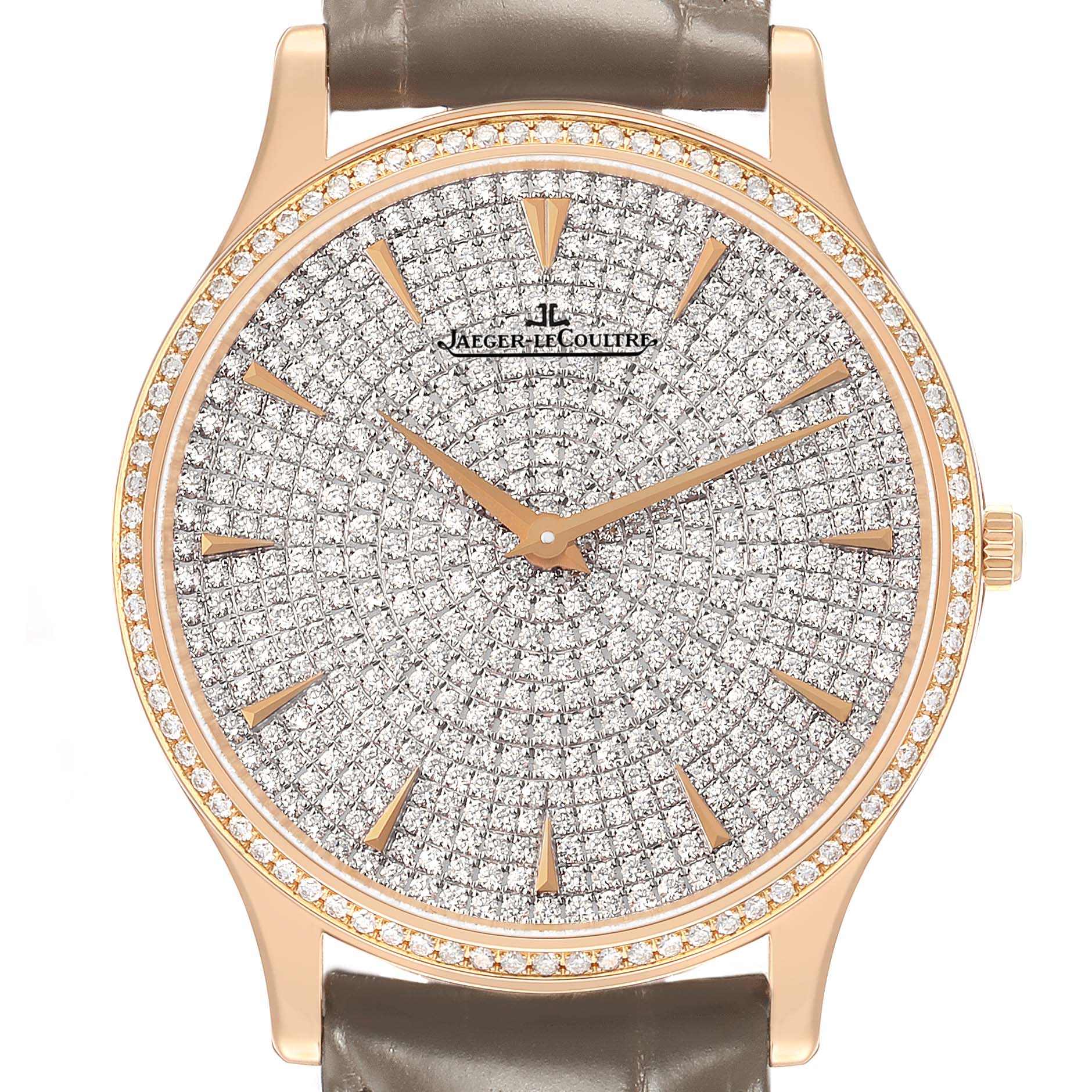 The Jaeger-LeCoultre Master model watch is shown from the front, featuring a gold case, diamond-encrusted dial, and gold markers.