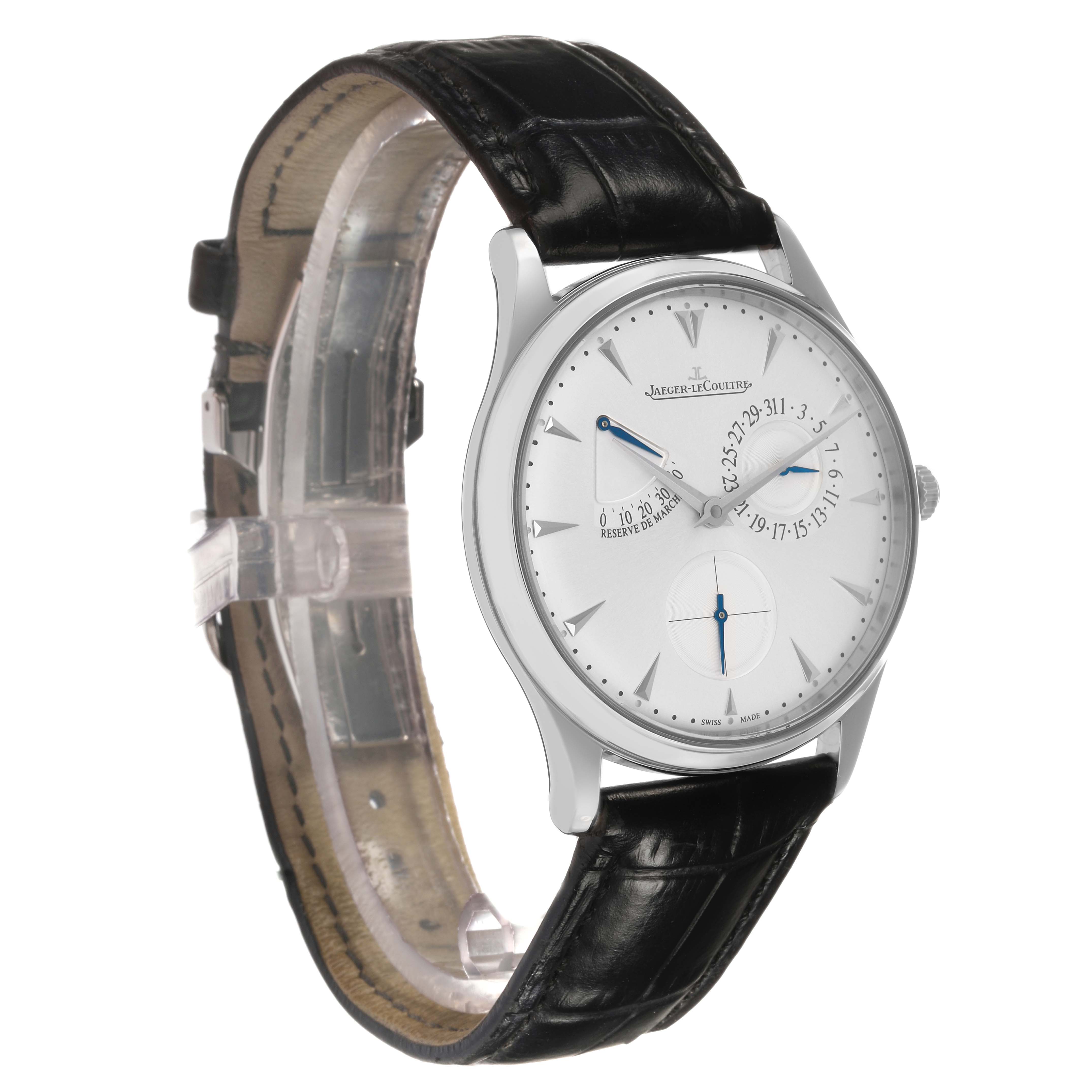 The Jaeger LeCoultre Master Q1378420 Men's Stainless Steel Silver Dial model watch is shown from a three-quarter angle, displaying the face and black leather strap.