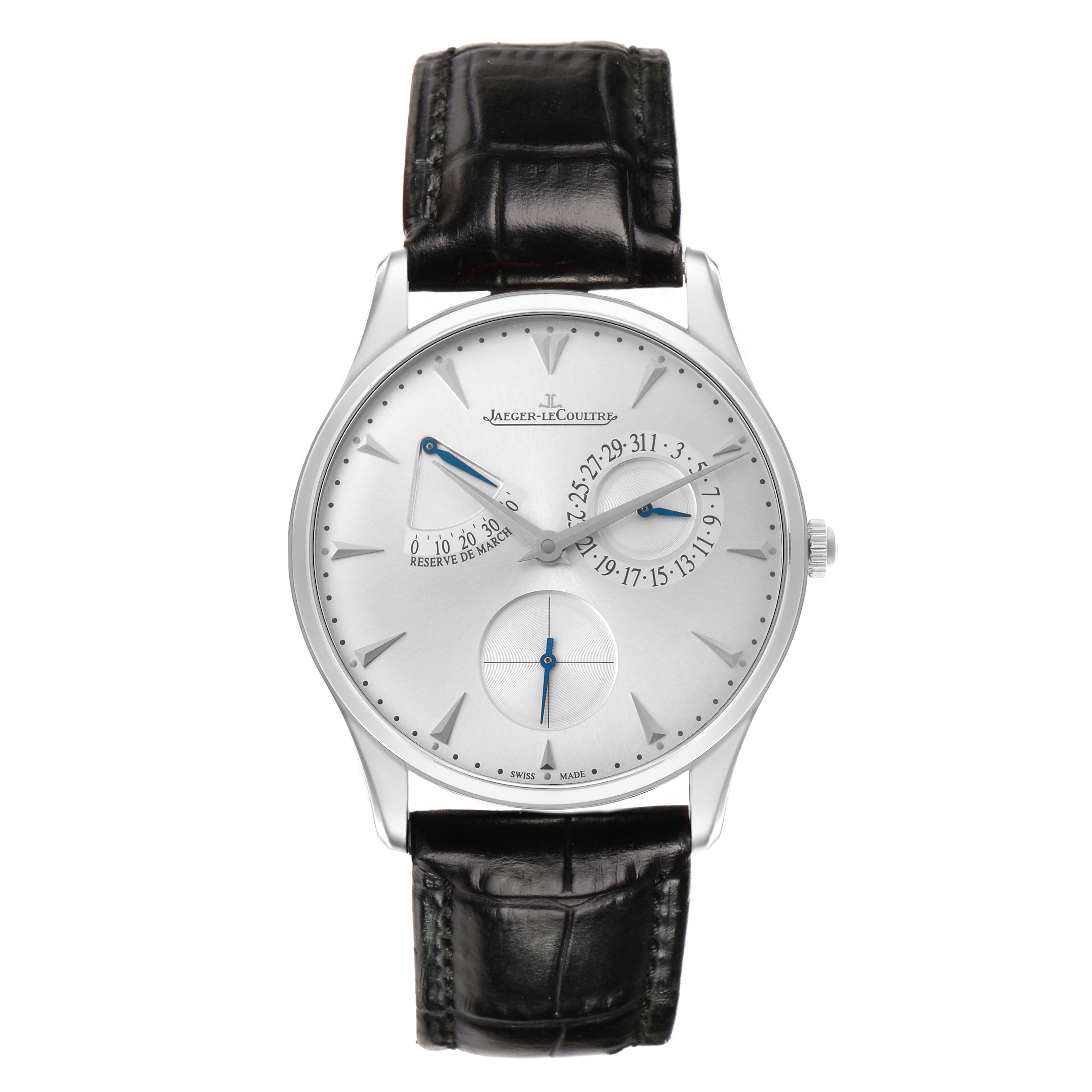 The Jaeger LeCoultre Master Q1378420 Men's Stainless Steel Silver Dial model watch is shown from a front angle, displaying its face, dial, and black leather strap.