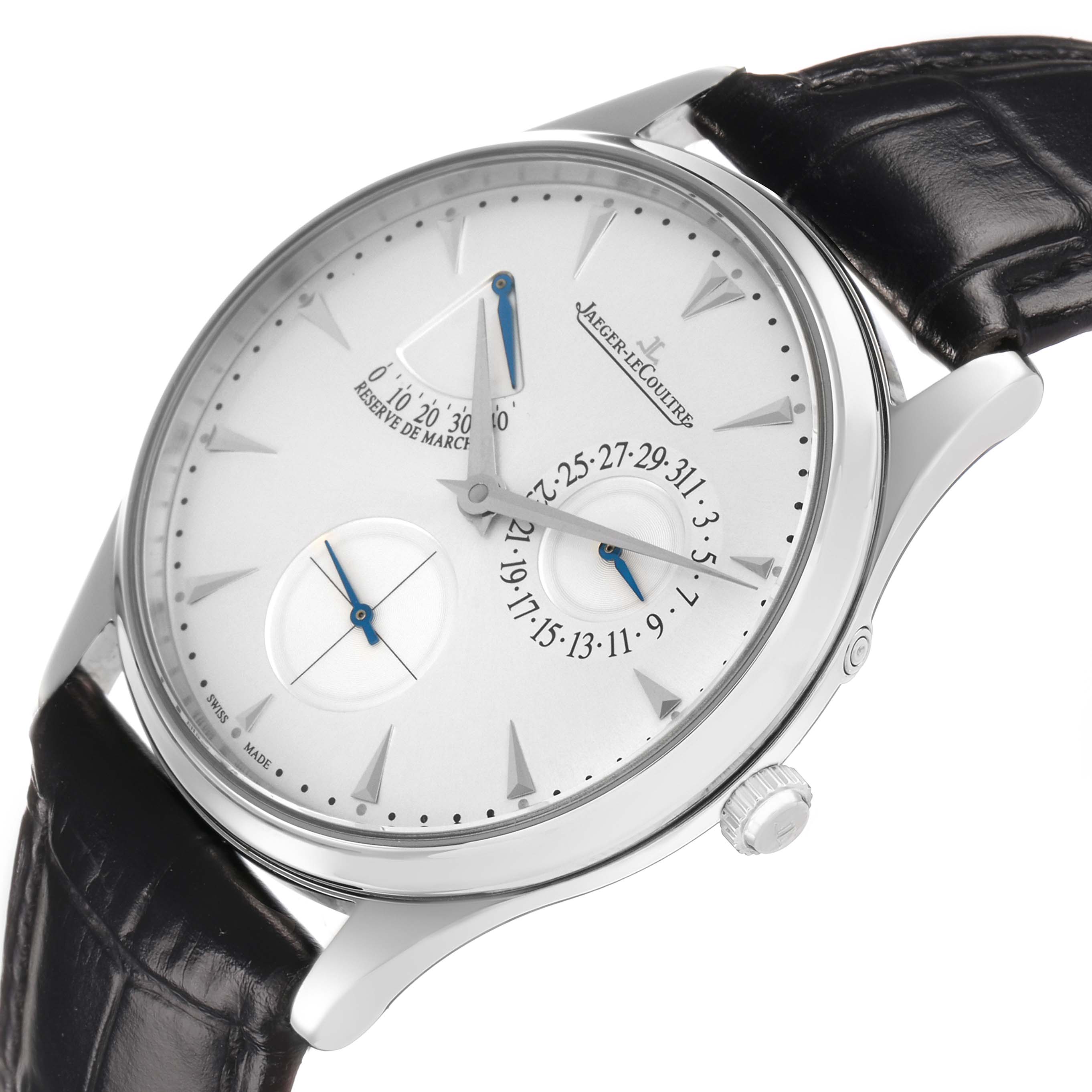 The Jaeger LeCoultre Master Q1378420 Men's Stainless Steel Silver Dial model watch is shown at a slight angle, highlighting its dial, crown, and leather strap.