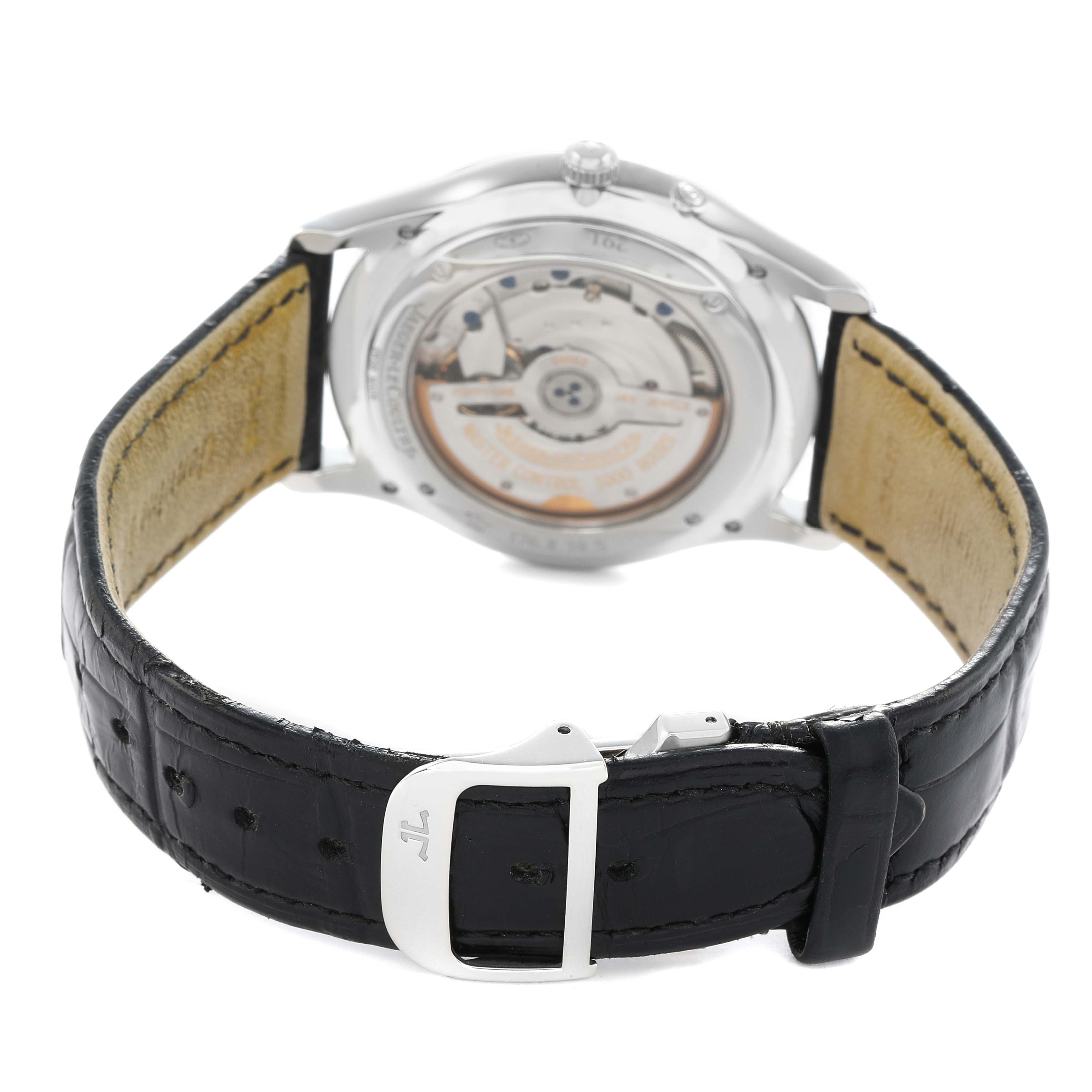 The image shows the back and side of a Jaeger-LeCoultre Master watch, highlighting the movement and leather strap.