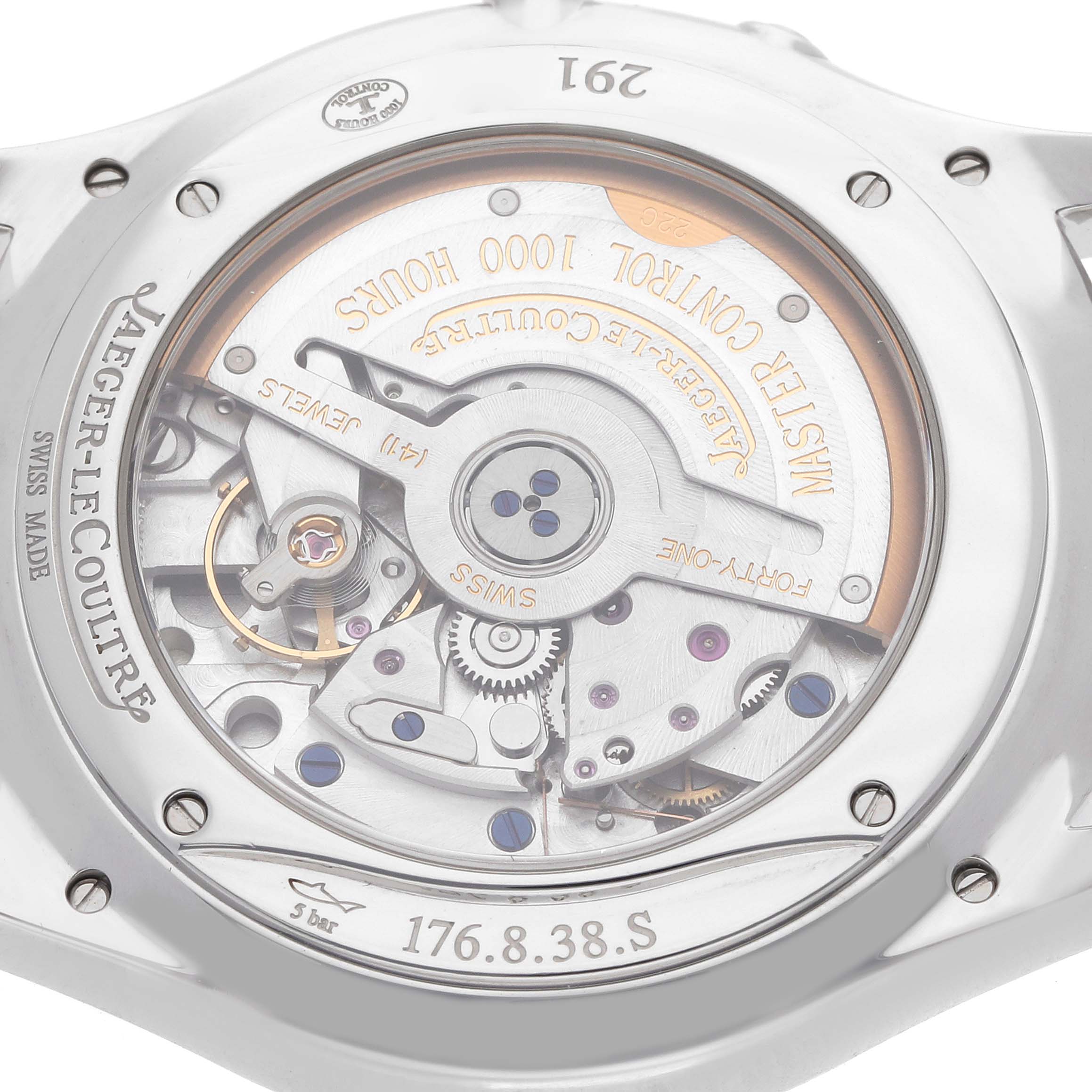The image shows the back of the Jaeger-LeCoultre Master model, featuring the movement and rotor through a transparent case back.
