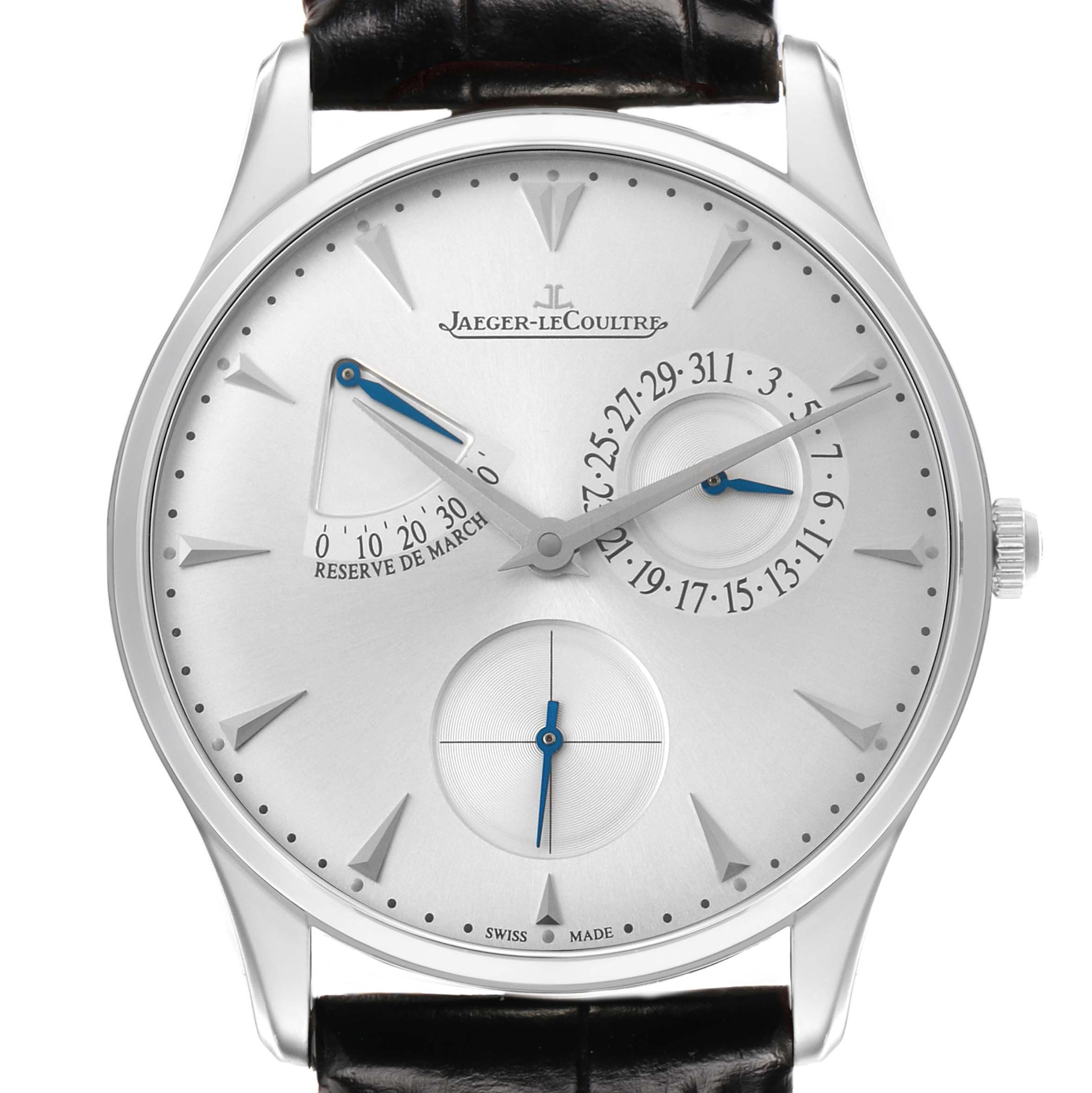 The Jaeger-LeCoultre Master watch is shown from a front angle, highlighting its dial with date and power reserve features.
