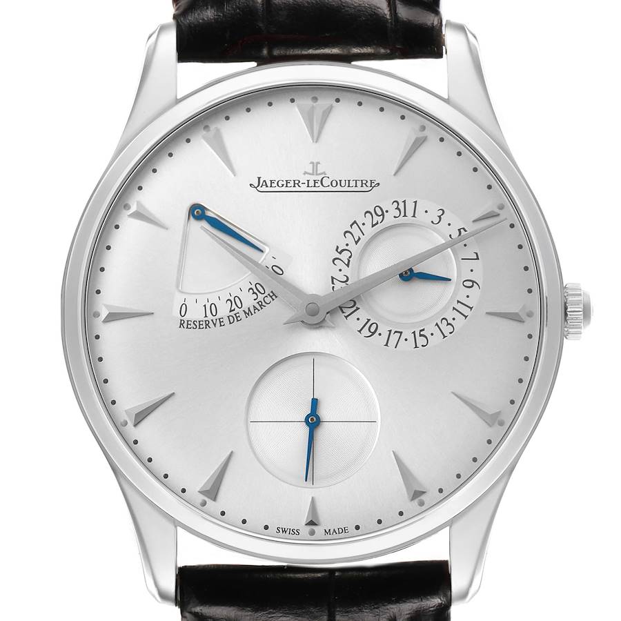 The Jaeger-LeCoultre Master watch is shown from a front angle, highlighting its dial with date and power reserve features.