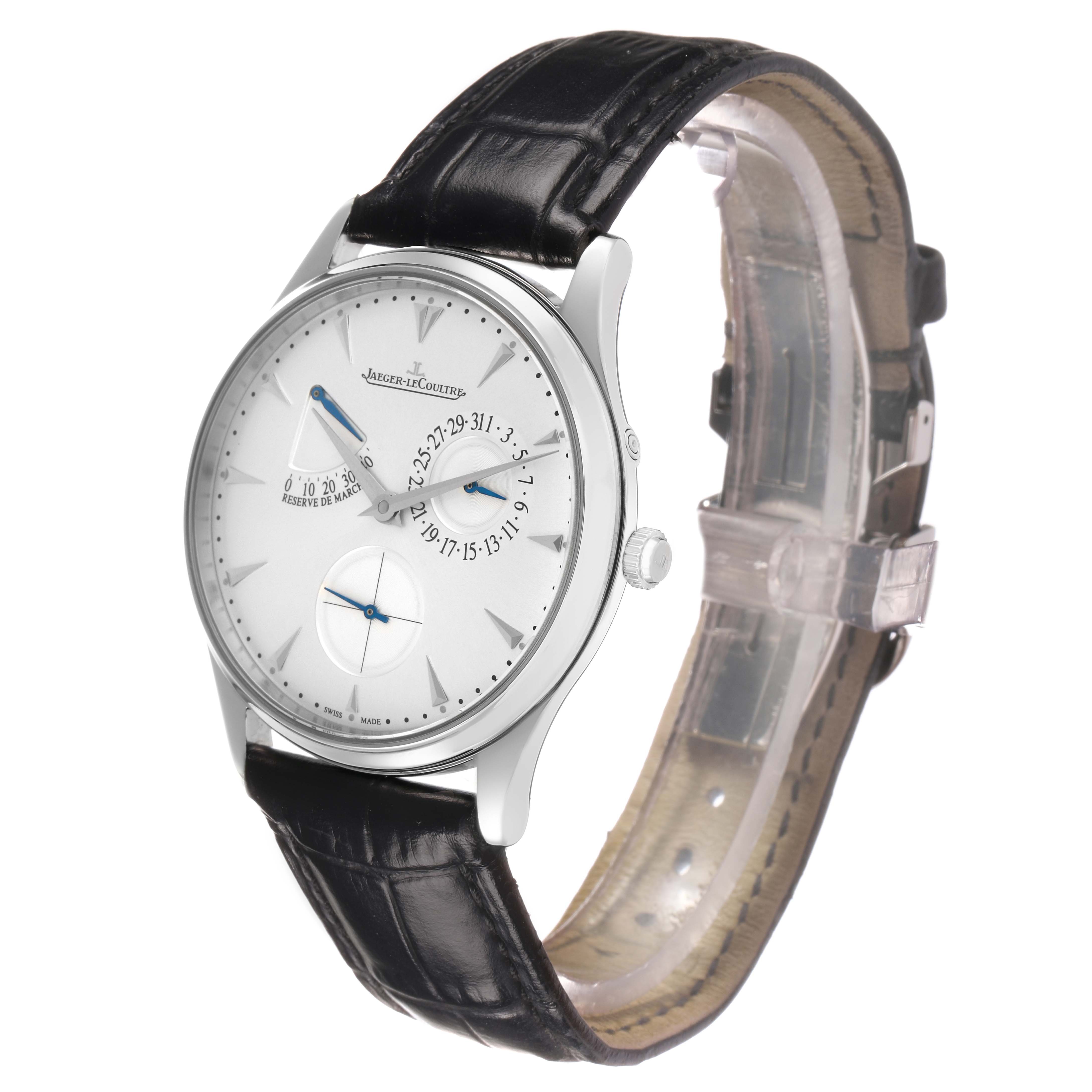 The Jaeger LeCoultre Master Q1378420 Men's Stainless Steel Silver Dial watch is shown at an angle highlighting its face, silver case, black leather strap, and crown.