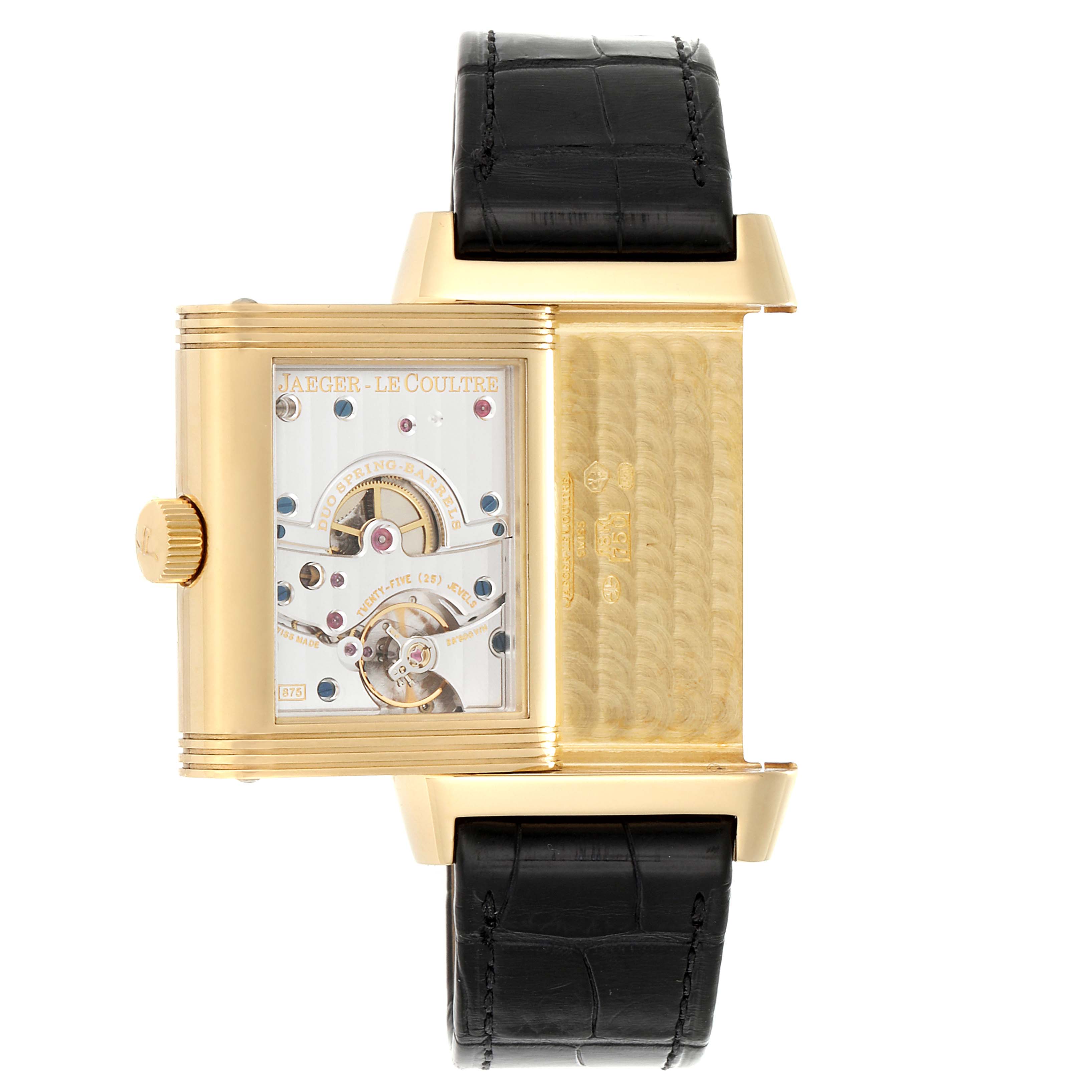 The image shows a Jaeger-LeCoultre Reverso model from a side angle, displaying its open case and visible movement.