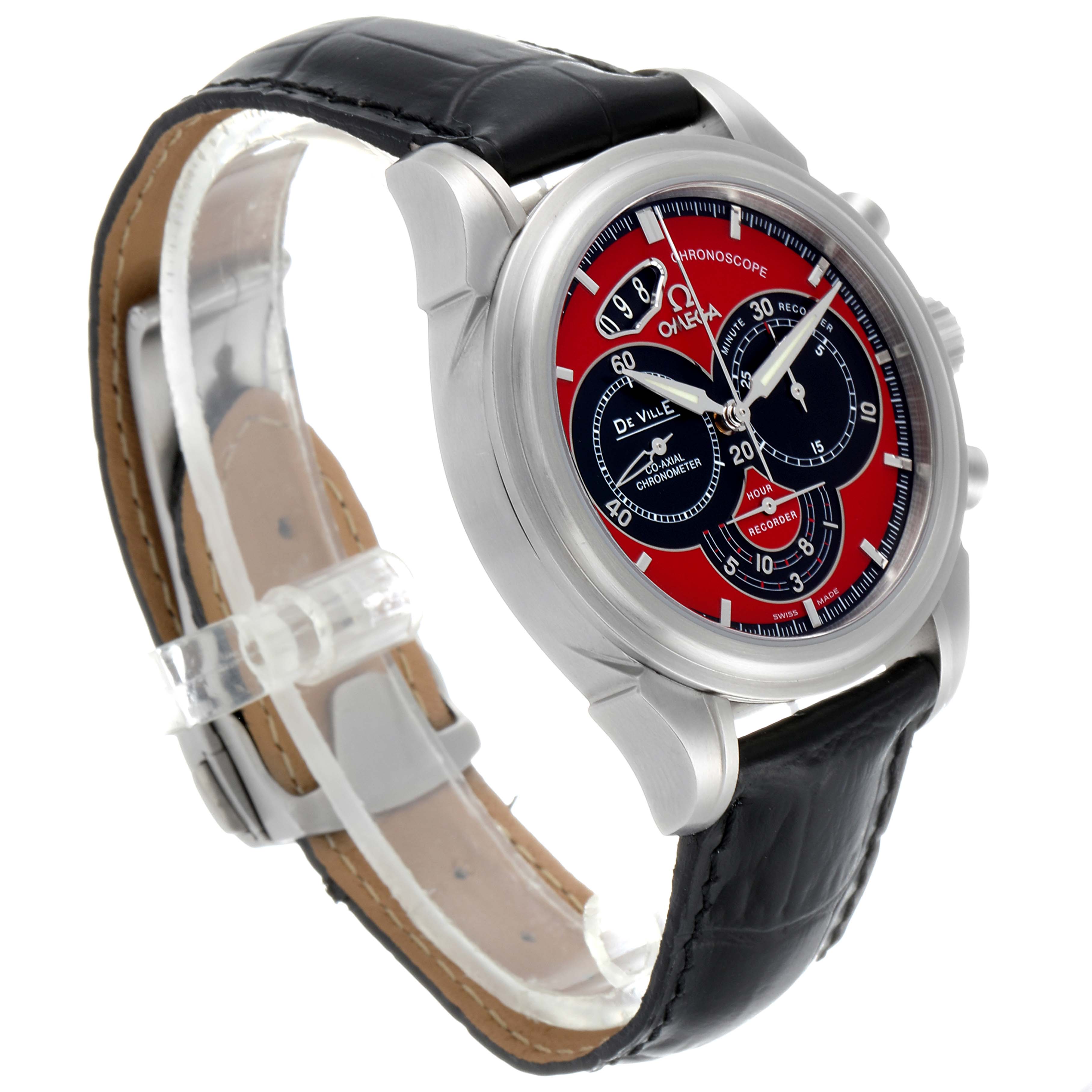 The Omega De Ville 4851.61.31 Men's Stainless Steel Red Dial 4851.61.31 Men's Stainless Steel Red Dial watch is displayed at an angled side view, showing the case, dial, and black leather strap.