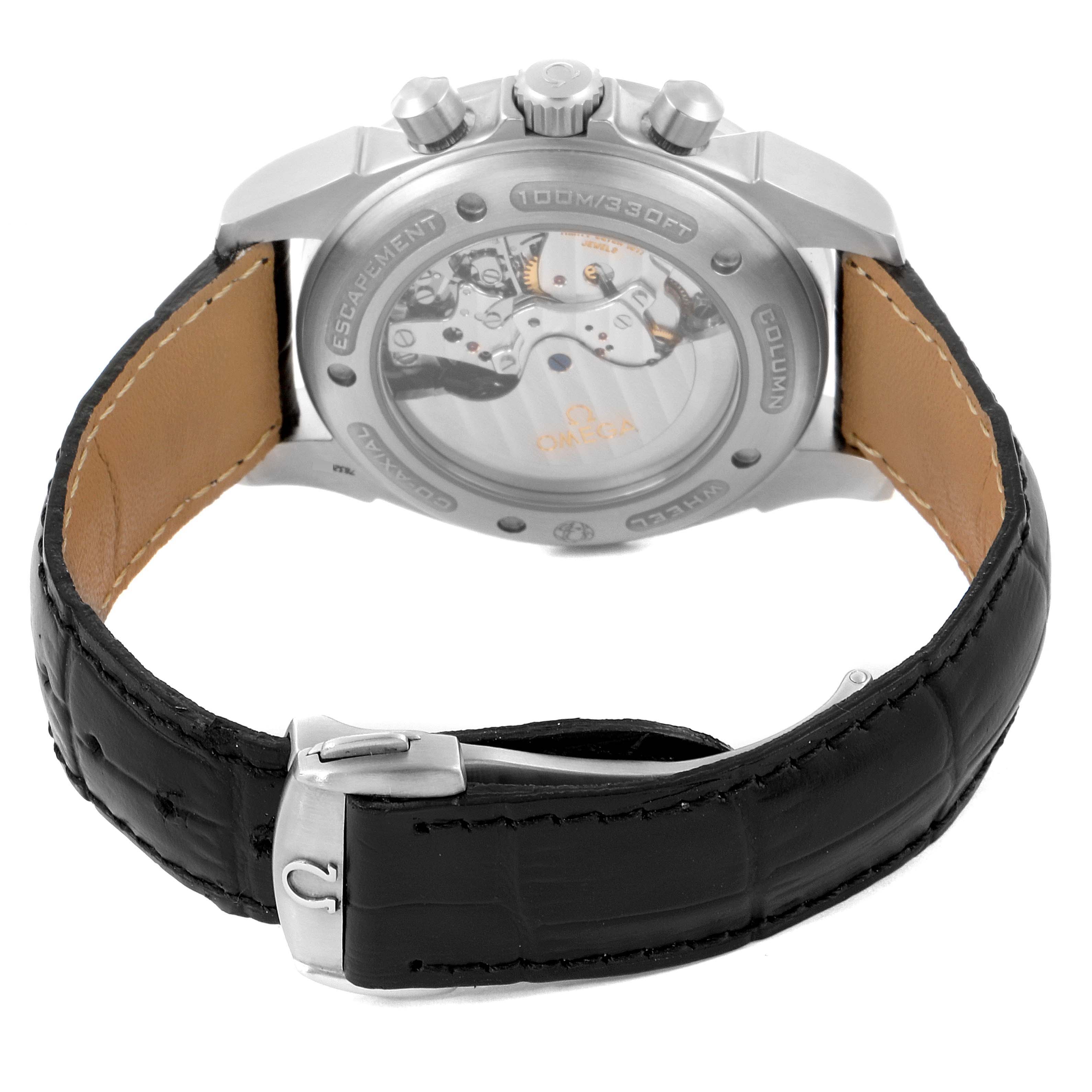 This image shows the back view of an Omega De Ville 4851.61.31 Men's Stainless Steel Red Dial 4851.61.31 Men's Stainless Steel Red Dial watch, highlighting its leather strap and transparent case back.