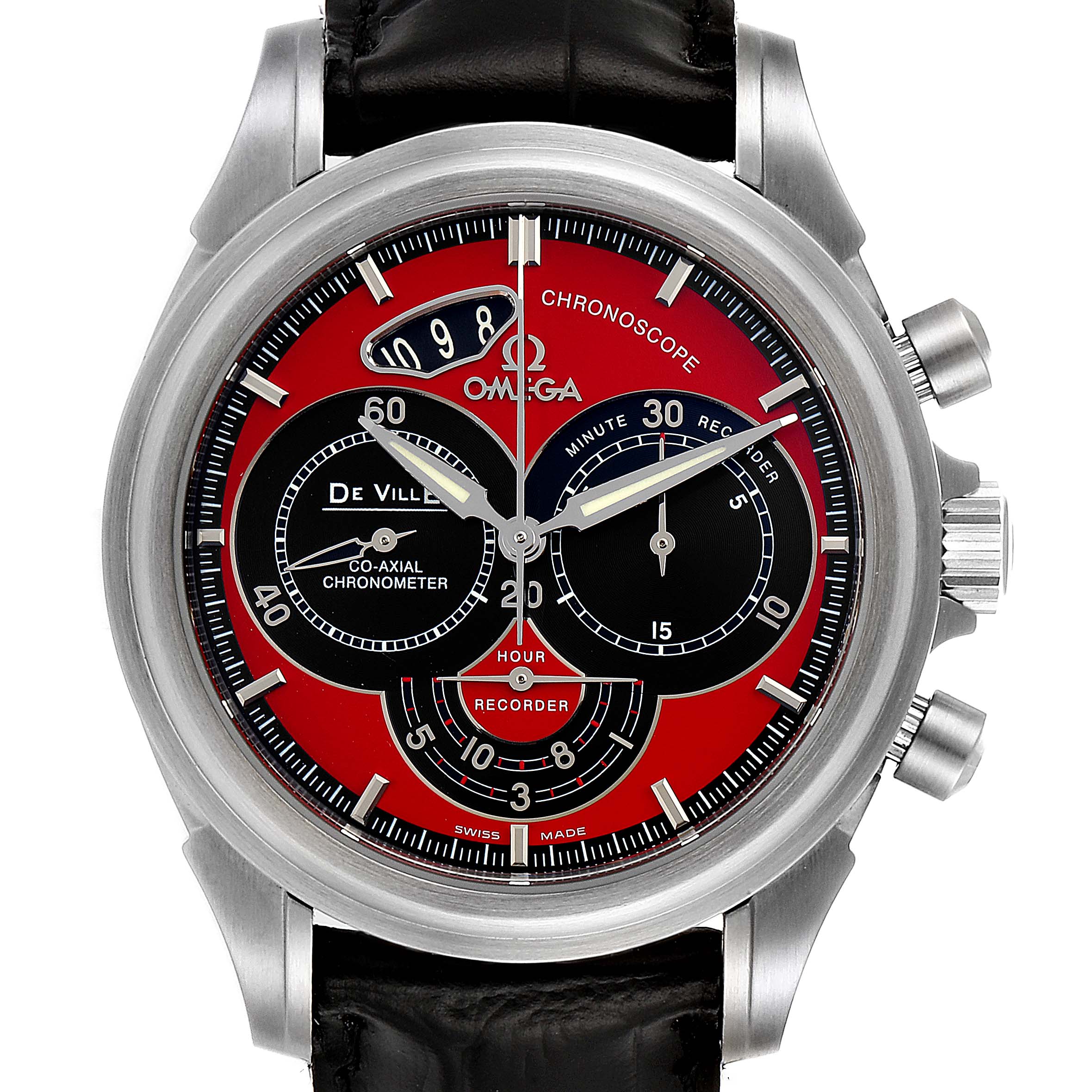 The image shows a frontal view of an Omega De Ville 4851.61.31 Men's Stainless Steel Red Dial 4851.61.31 Men's Stainless Steel Red Dial Chronoscope watch, highlighting its red and black dial with multiple subdials.