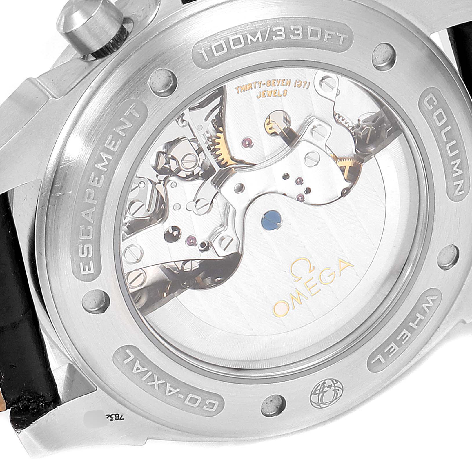 The image shows the back of the Omega De Ville 4851.61.31 Men's Stainless Steel Red Dial 4851.61.31 Men's Stainless Steel Red Dial watch, revealing the intricate inner mechanisms.