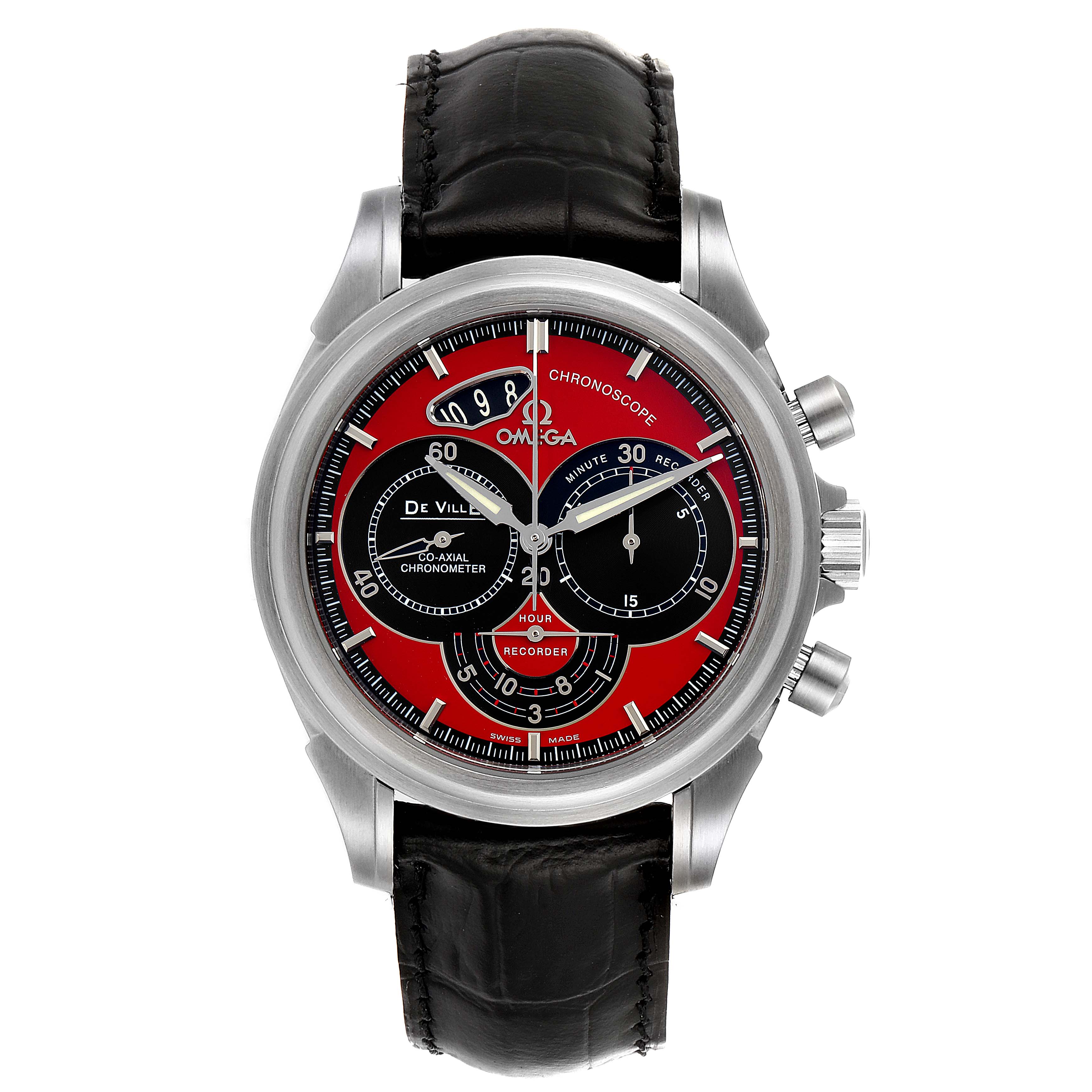 The Omega De Ville 4851.61.31 Men's Stainless Steel Red Dial 4851.61.31 Men's Stainless Steel Red Dial wristwatch is shown from the front, displaying the dial, subdials, bezel, case, and leather strap.