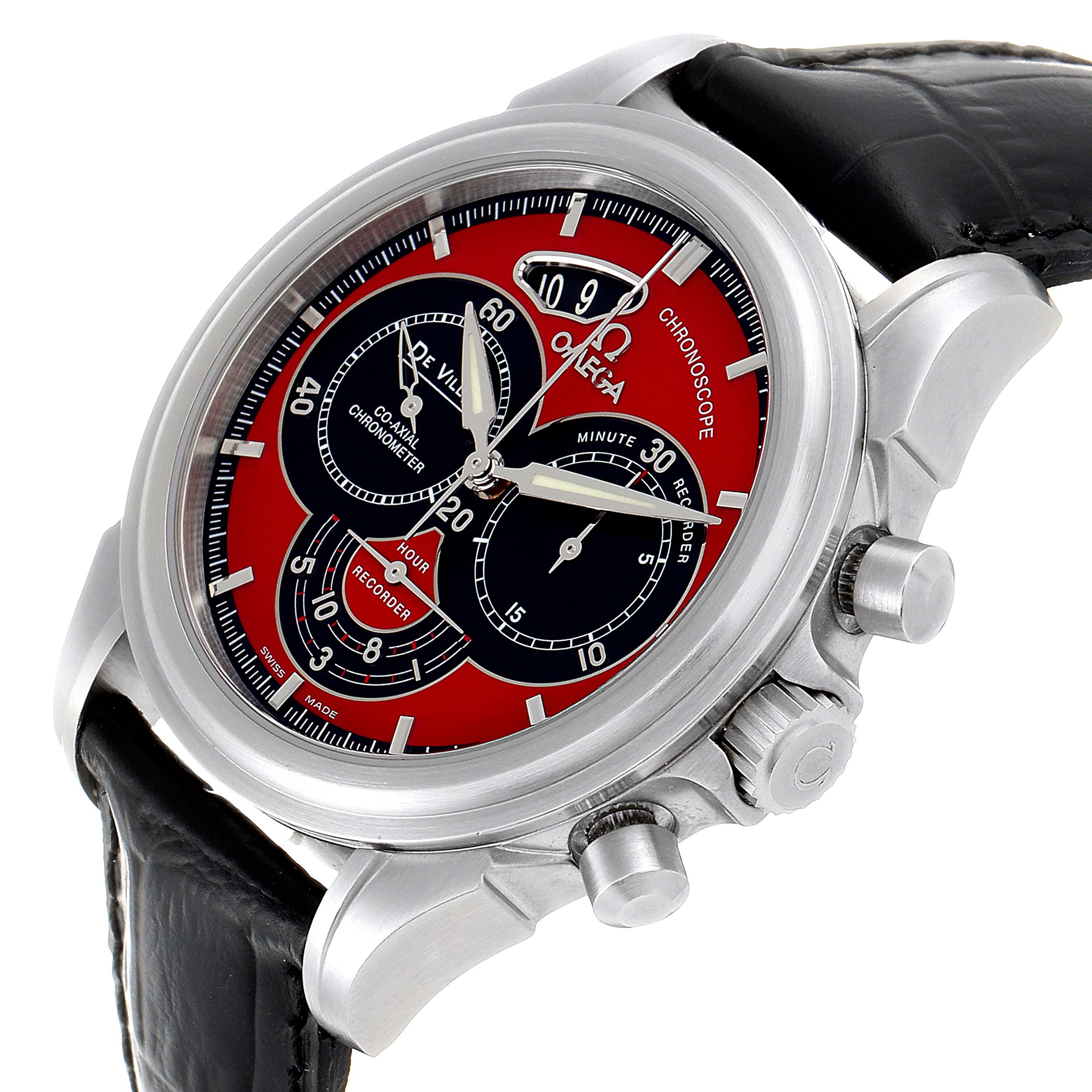 The Omega De Ville 4851.61.31 Men's Stainless Steel Red Dial 4851.61.31 Men's Stainless Steel Red Dial watch is shown at an angled view, displaying its red and black dial, chronograph subdials, and a black leather strap.