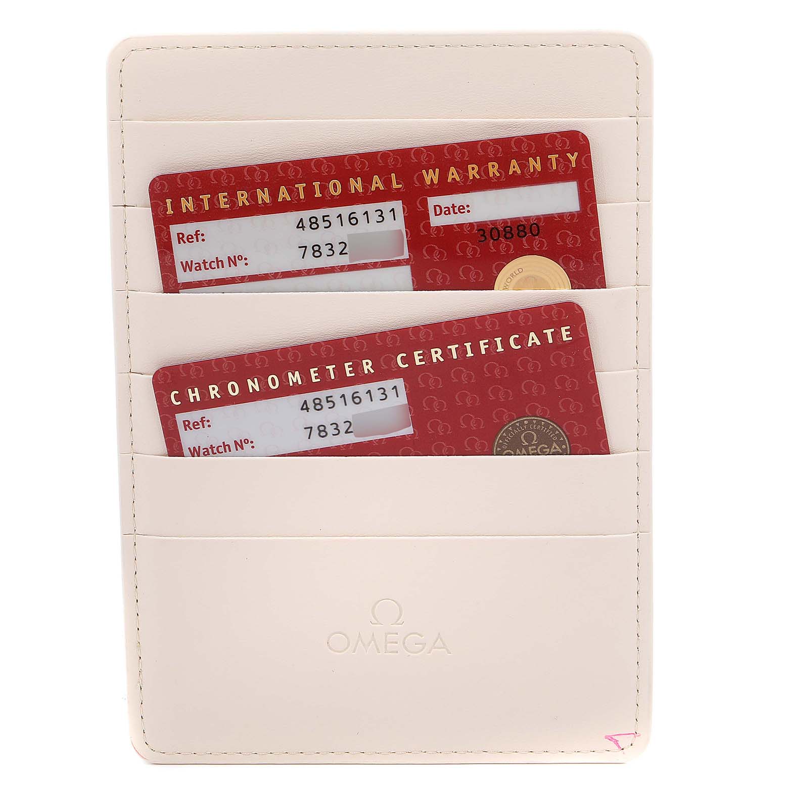The image shows the warranty and chronometer certification cards for an Omega De Ville 4851.61.31 Men's Stainless Steel Red Dial 4851.61.31 Men's Stainless Steel Red Dial watch, stored in a white Omega cardholder.