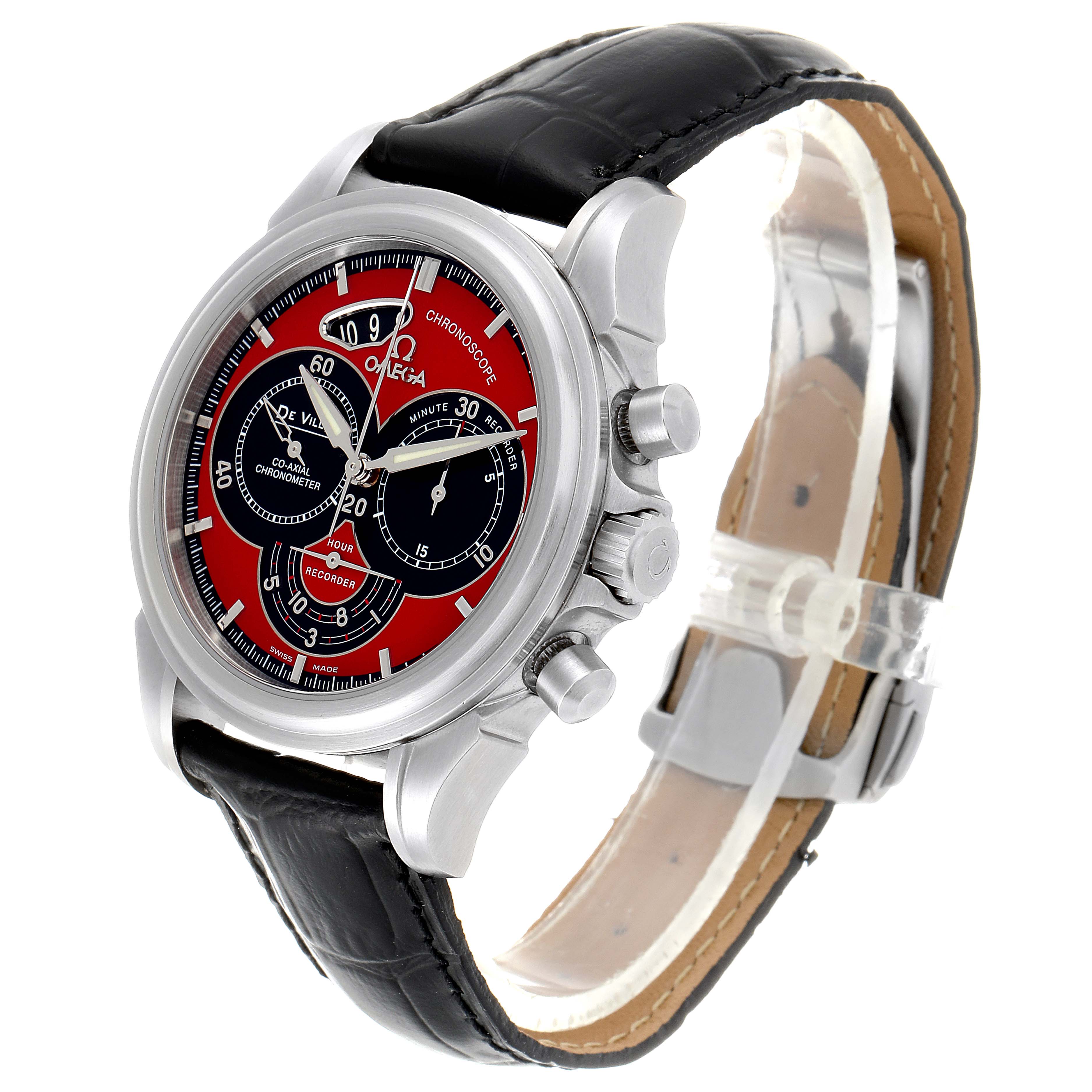 The image shows an angled view of an Omega De Ville 4851.61.31 Men's Stainless Steel Red Dial 4851.61.31 Men's Stainless Steel Red Dial watch, highlighting its dial, case, crown, and leather strap.