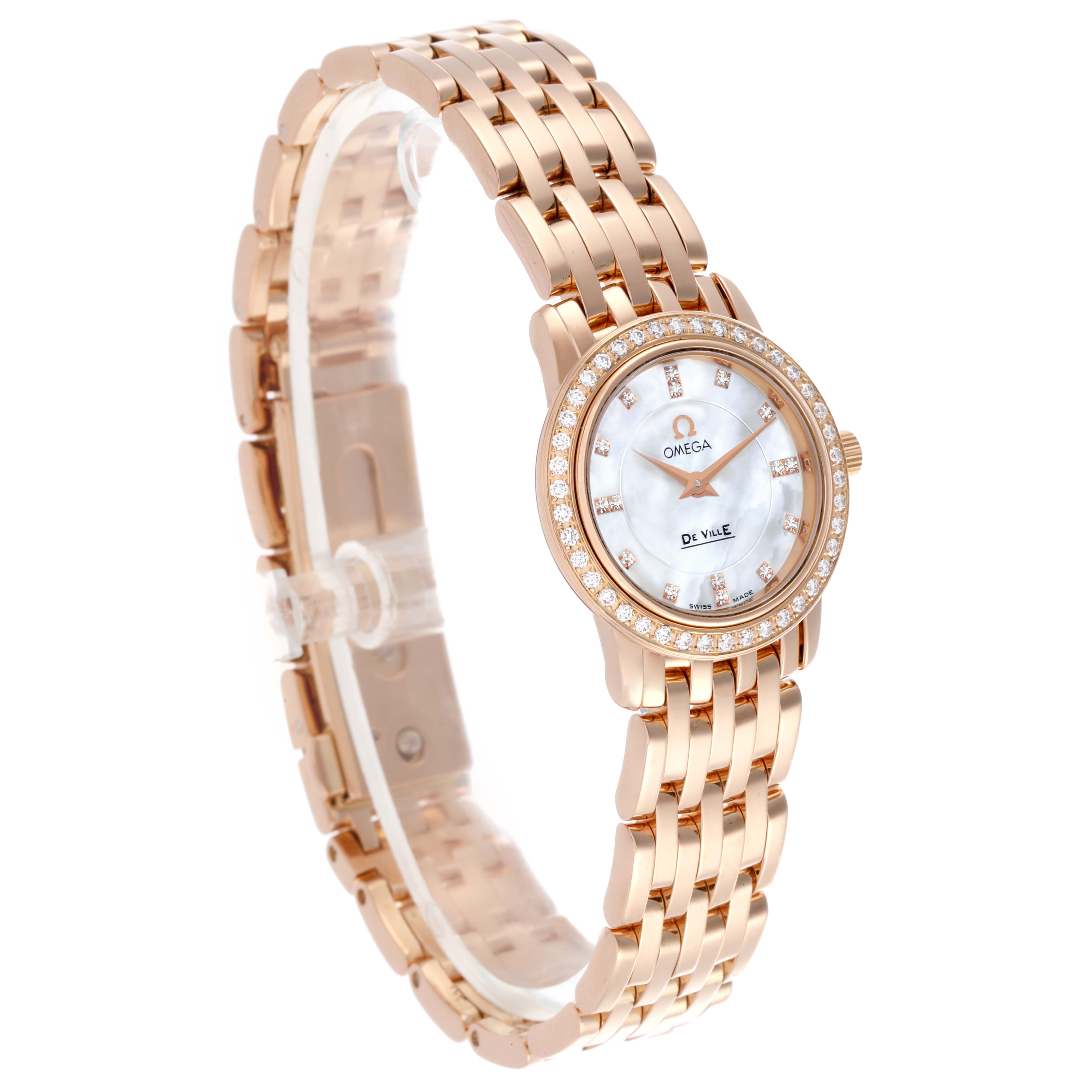The Omega 4135.75.00 Women's Rose Gold Mother of Pearl Dial 4135.75.00 Women's Rose Gold Mother of Pearl Dial DeVille Prestige watch is shown at an angled side view, highlighting the bracelet, bezel, and mother of pearl dial.