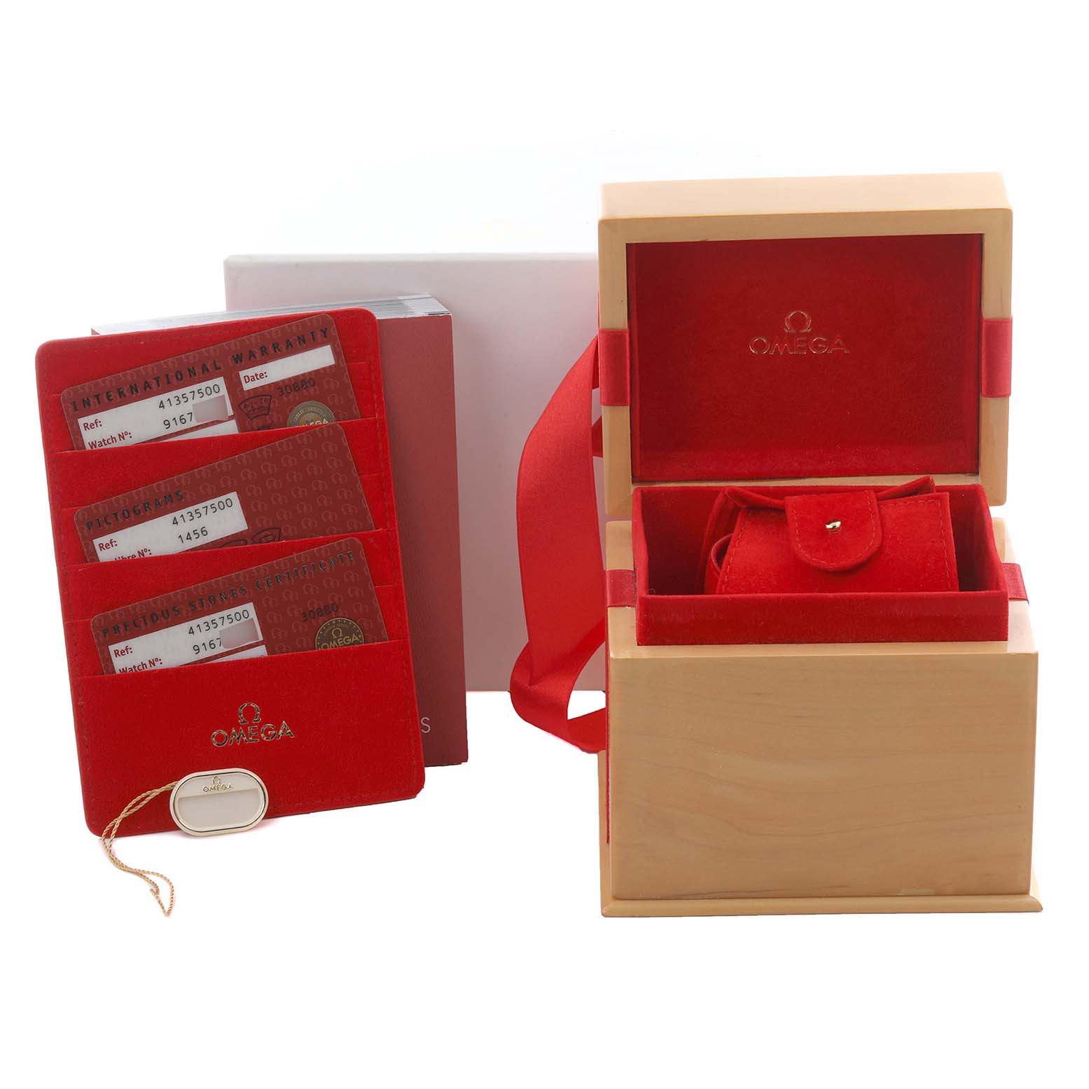 The image shows the Omega 4135.75.00 Women's Rose Gold Mother of Pearl Dial 4135.75.00 Women's Rose Gold Mother of Pearl Dial DeVille Prestige's packaging, cards, and box, not the watch itself.