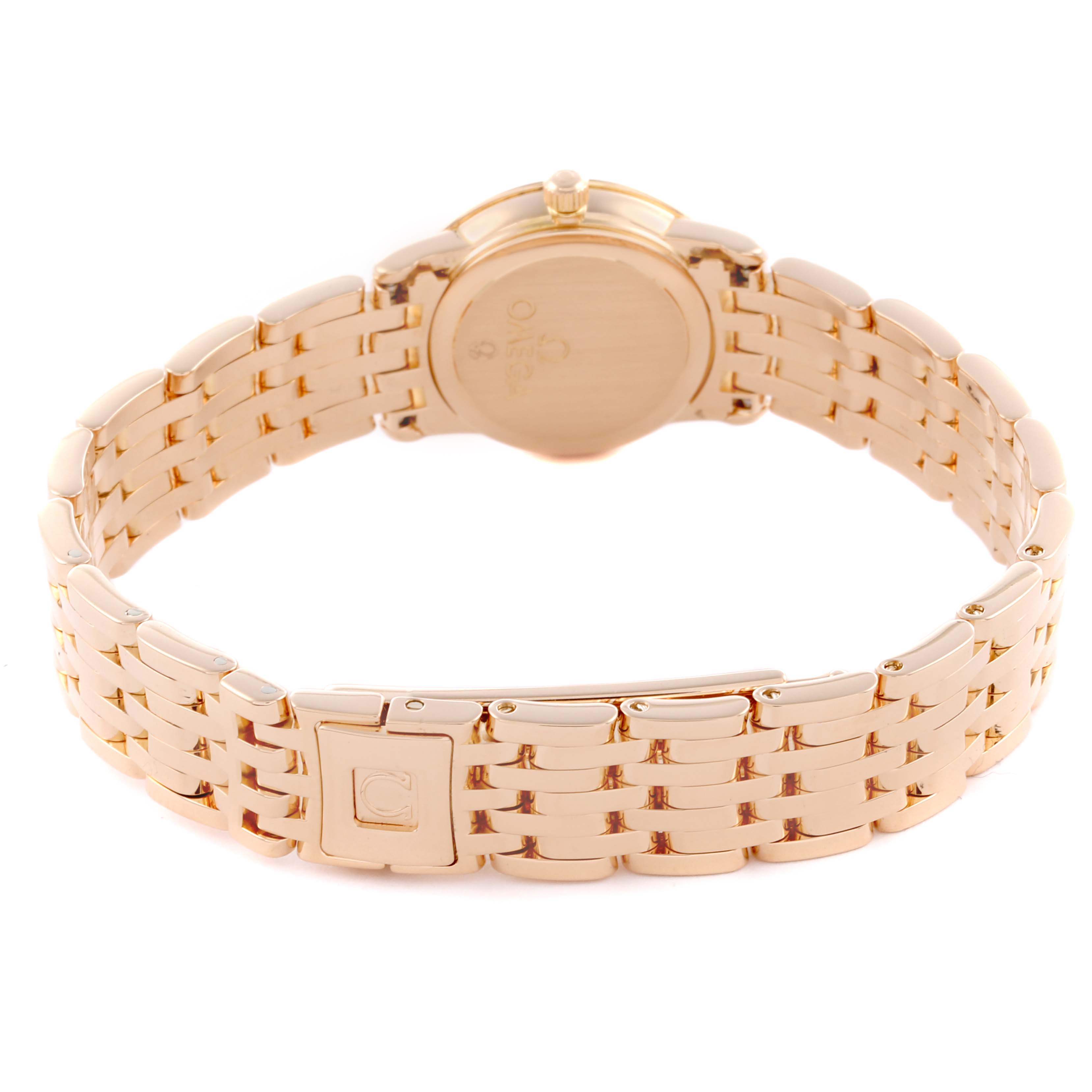 The Omega 4135.75.00 Women's Rose Gold Mother of Pearl Dial 4135.75.00 Women's Rose Gold Mother of Pearl Dial DeVille Prestige is shown from the back, highlighting the rose gold bracelet and clasp.