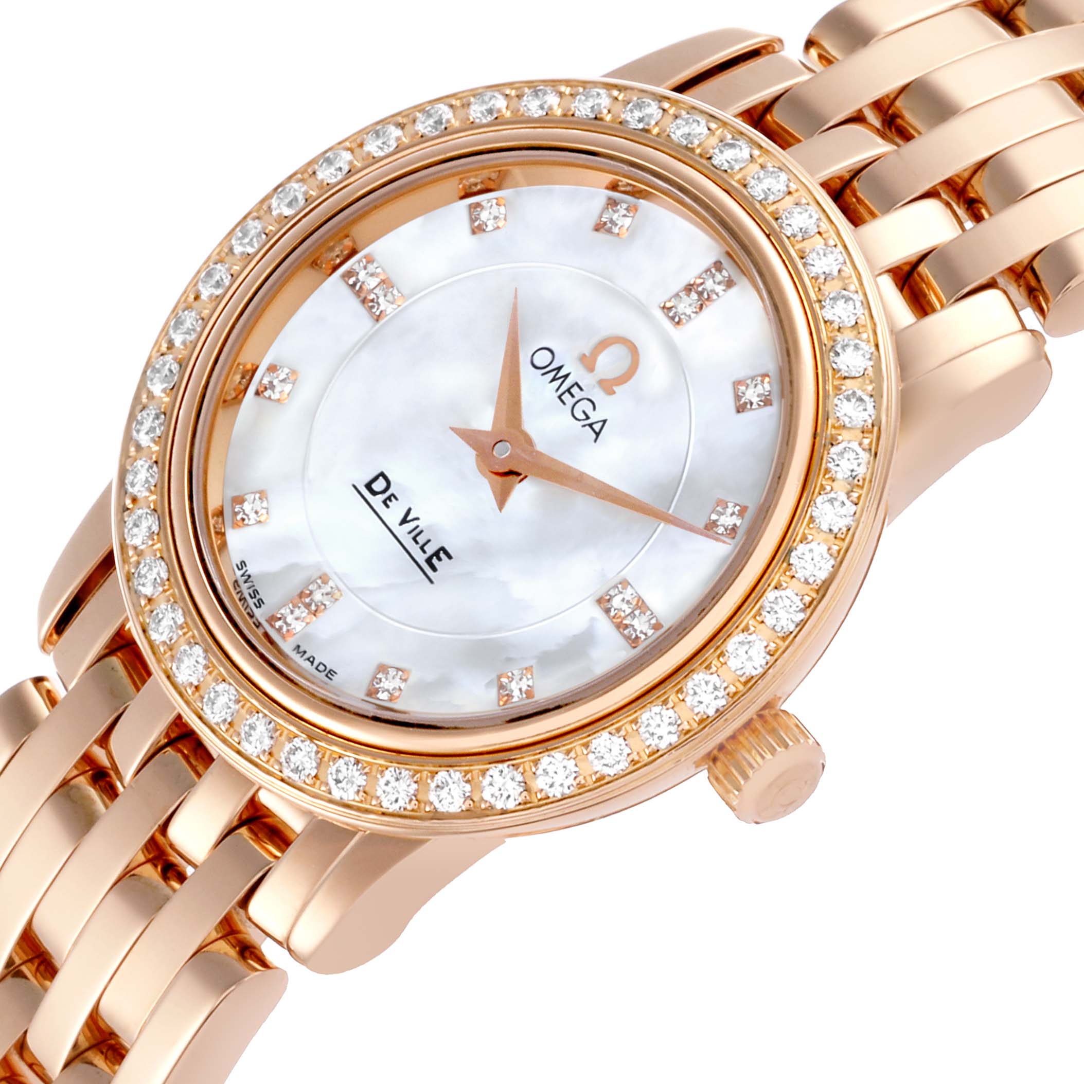 The Omega 4135.75.00 Women's Rose Gold Mother of Pearl Dial 4135.75.00 Women's Rose Gold Mother of Pearl Dial DeVille Prestige watch is shown at a slight angle, highlighting its mother of pearl dial, diamond bezel, and rose gold bracelet.
