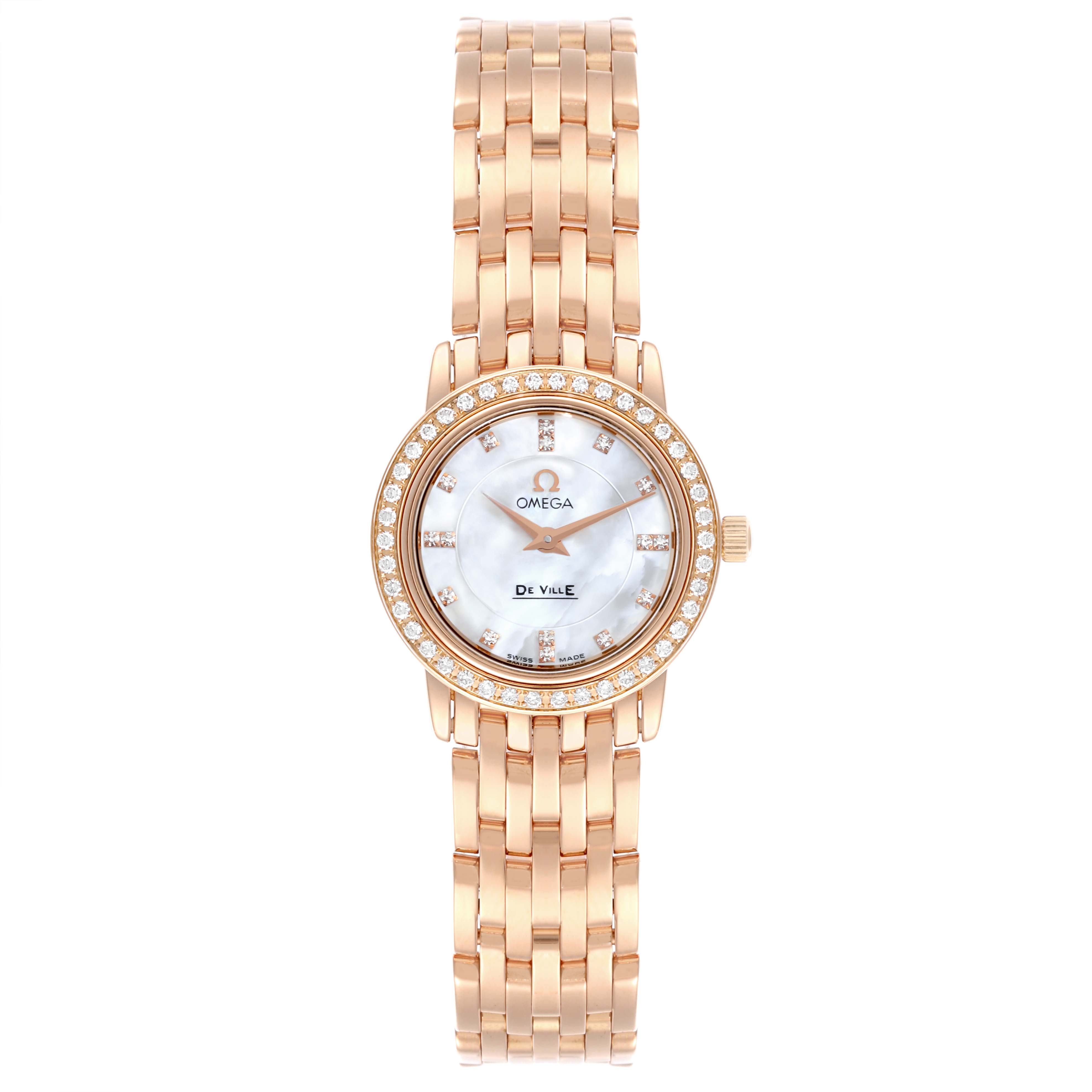 The Omega 4135.75.00 Women's Rose Gold Mother of Pearl Dial 4135.75.00 Women's Rose Gold Mother of Pearl Dial DeVille Prestige watch is shown from a front view, highlighting its rose gold bracelet, mother of pearl dial, and diamond bezel.