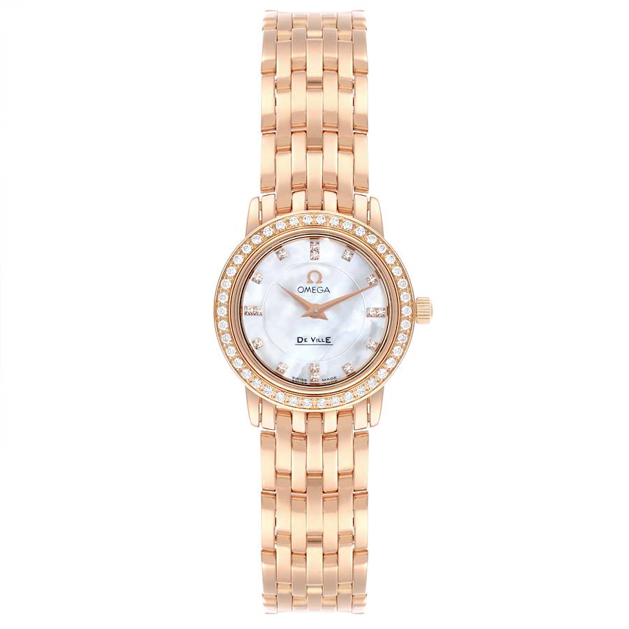 Omega DeVille Prestige Mother of Pearl Diamond Rose Gold Ladies Watch 4375.71.00 Box Card