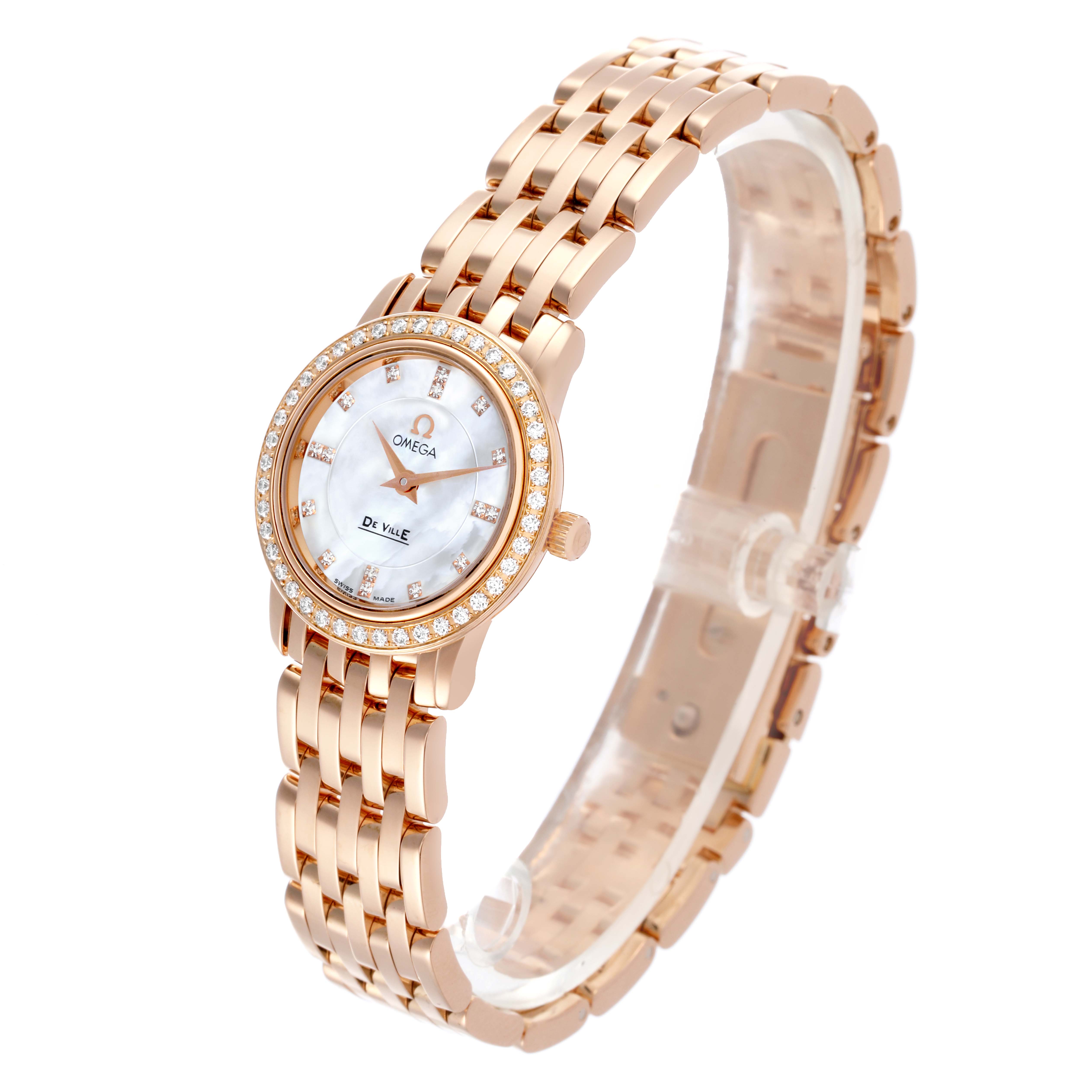 The Omega 4135.75.00 Women's Rose Gold Mother of Pearl Dial 4135.75.00 Women's Rose Gold Mother of Pearl Dial DeVille Prestige watch is shown at a slight angle, highlighting the mother of pearl dial and rose gold bracelet.