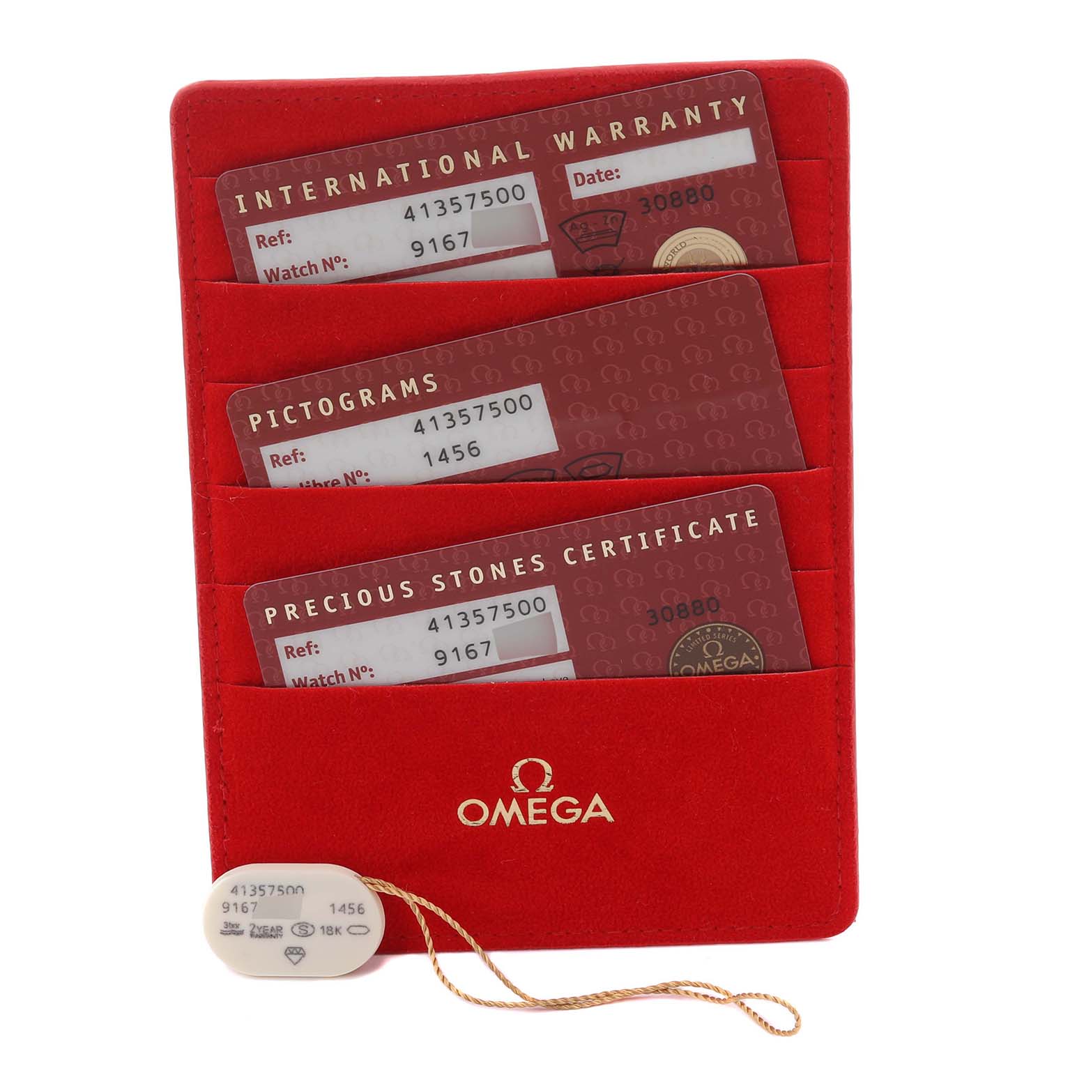 The image shows Omega 4135.75.00 Women's Rose Gold Mother of Pearl Dial 4135.75.00 Women's Rose Gold Mother of Pearl Dial cards for the DeVille Prestige model 4375.71.00, including warranty, pictograms, and stones certificate.