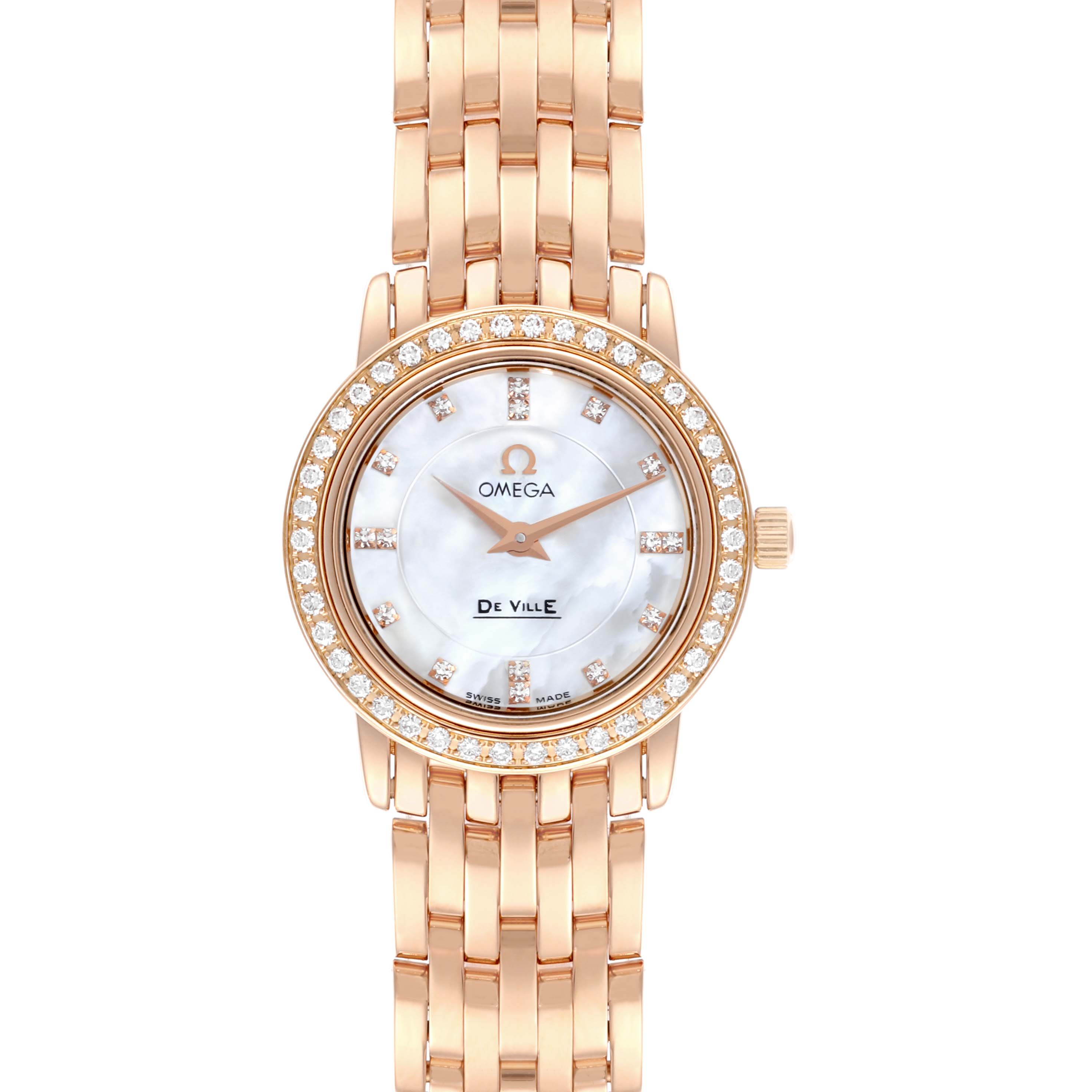 The Omega 4135.75.00 Women's Rose Gold Mother of Pearl Dial 4135.75.00 Women's Rose Gold Mother of Pearl Dial DeVille Prestige watch is shown from a top angle, highlighting the mother of pearl face, diamond bezel, and rose gold band.