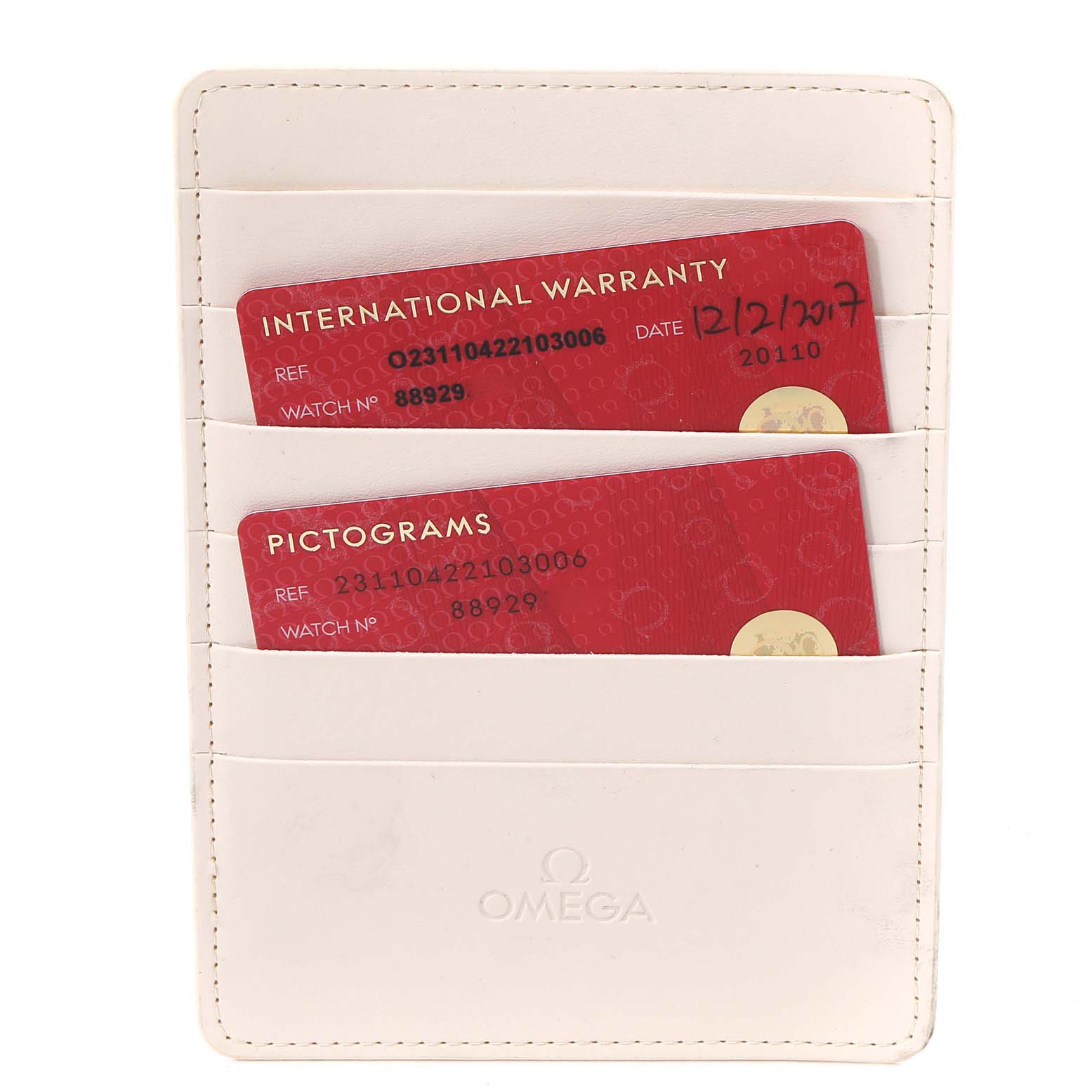 This image shows the warranty and pictogram cards for an Omega Aqua Terra 231.10.42.21.03.006 Men
s Stainless Steel Blue Dial 231.10.42.21.03.006 Men
s Stainless Steel Blue Dial watch inside a white cardholder.