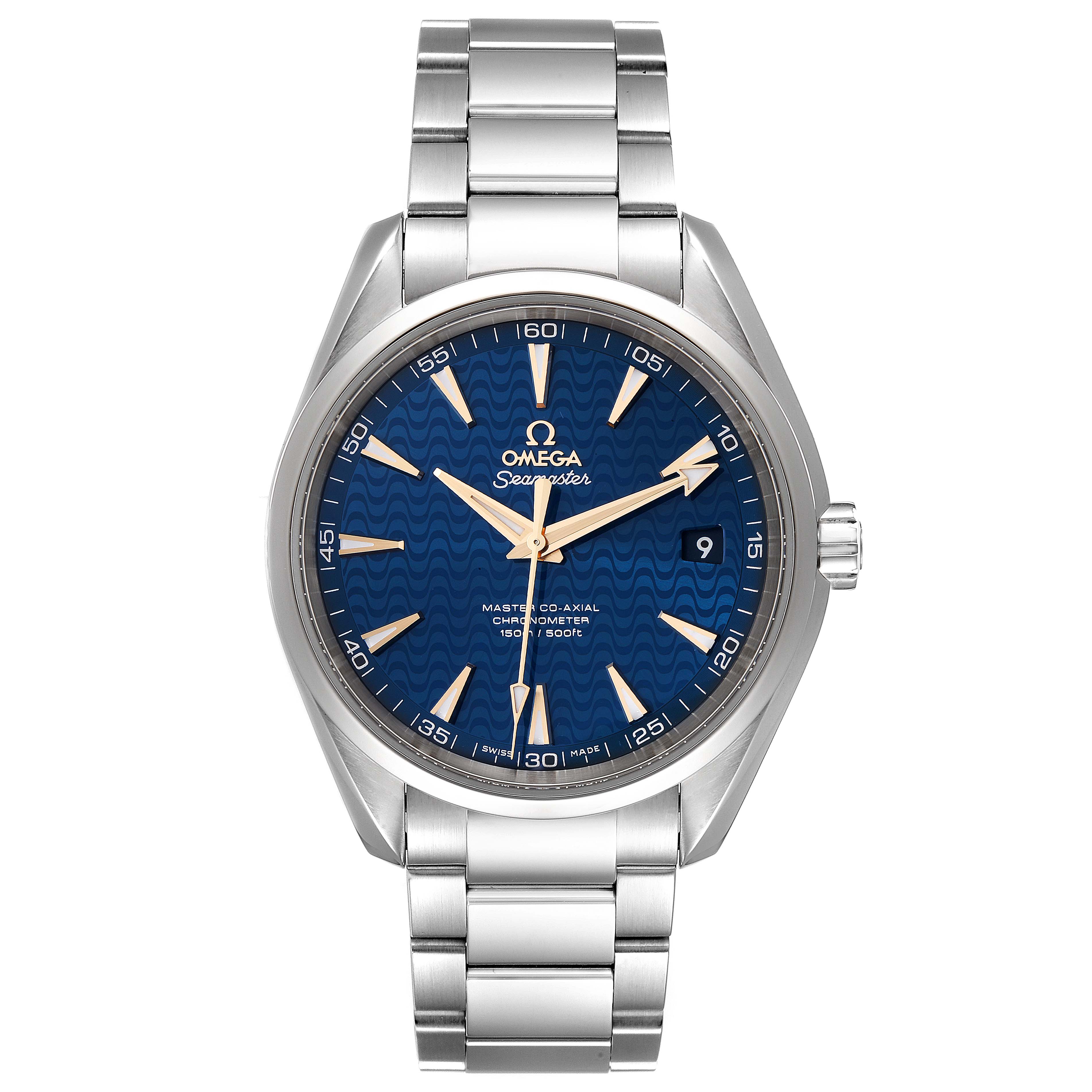 The image shows a front view of the Omega Aqua Terra 231.10.42.21.03.006 Men
s Stainless Steel Blue Dial 231.10.42.21.03.006 Men
s Stainless Steel Blue Dial watch, highlighting its blue dial, silver case, and metal bracelet.