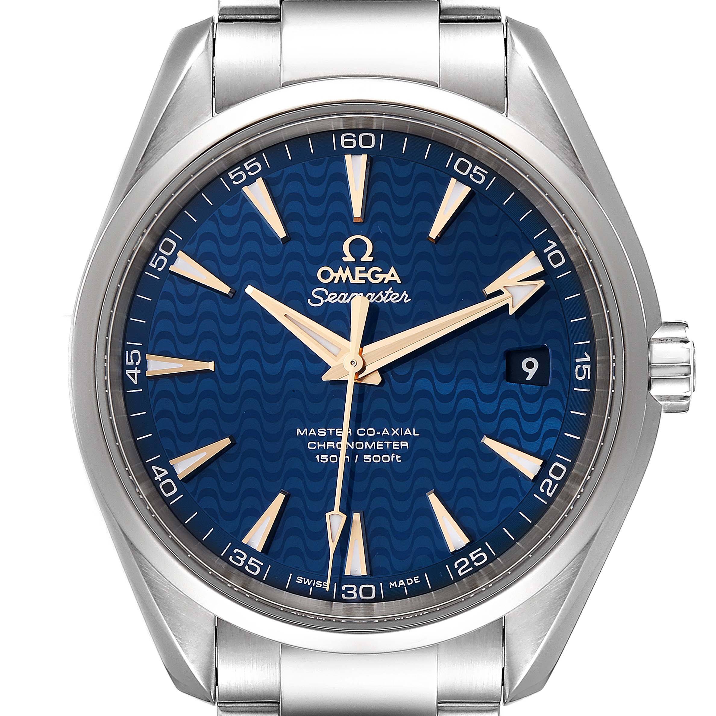 The Omega Aqua Terra 231.10.42.21.03.006 Men
s Stainless Steel Blue Dial 231.10.42.21.03.006 Men
s Stainless Steel Blue Dial watch is shown from a front angle, displaying the dial, hands, and part of the bracelet.