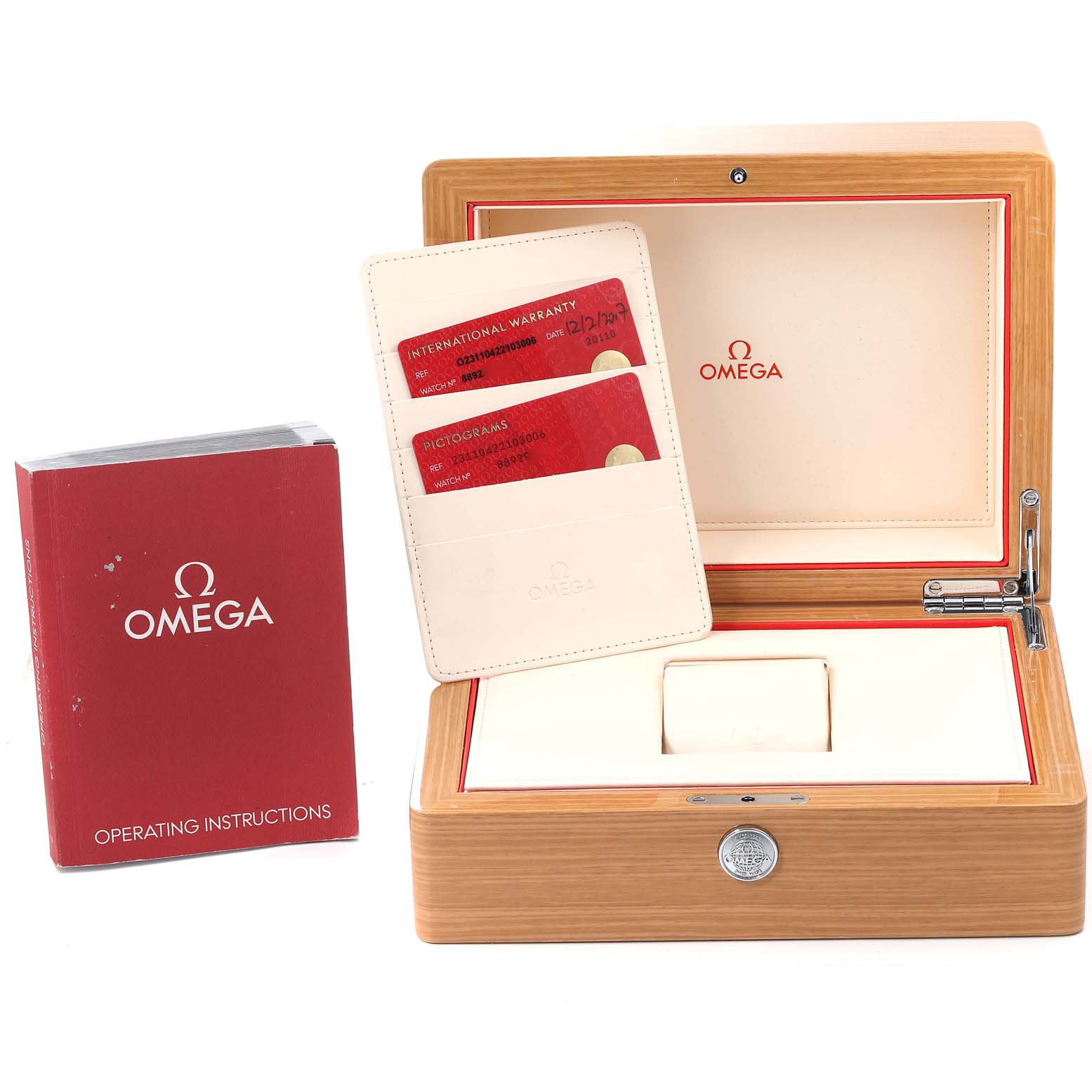 The image shows the packaging and accessories for the Omega Aqua Terra 231.10.42.21.03.006 Men
s Stainless Steel Blue Dial 231.10.42.21.03.006 Men
s Stainless Steel Blue Dial model, including a box, warranty cards, and an instruction manual.