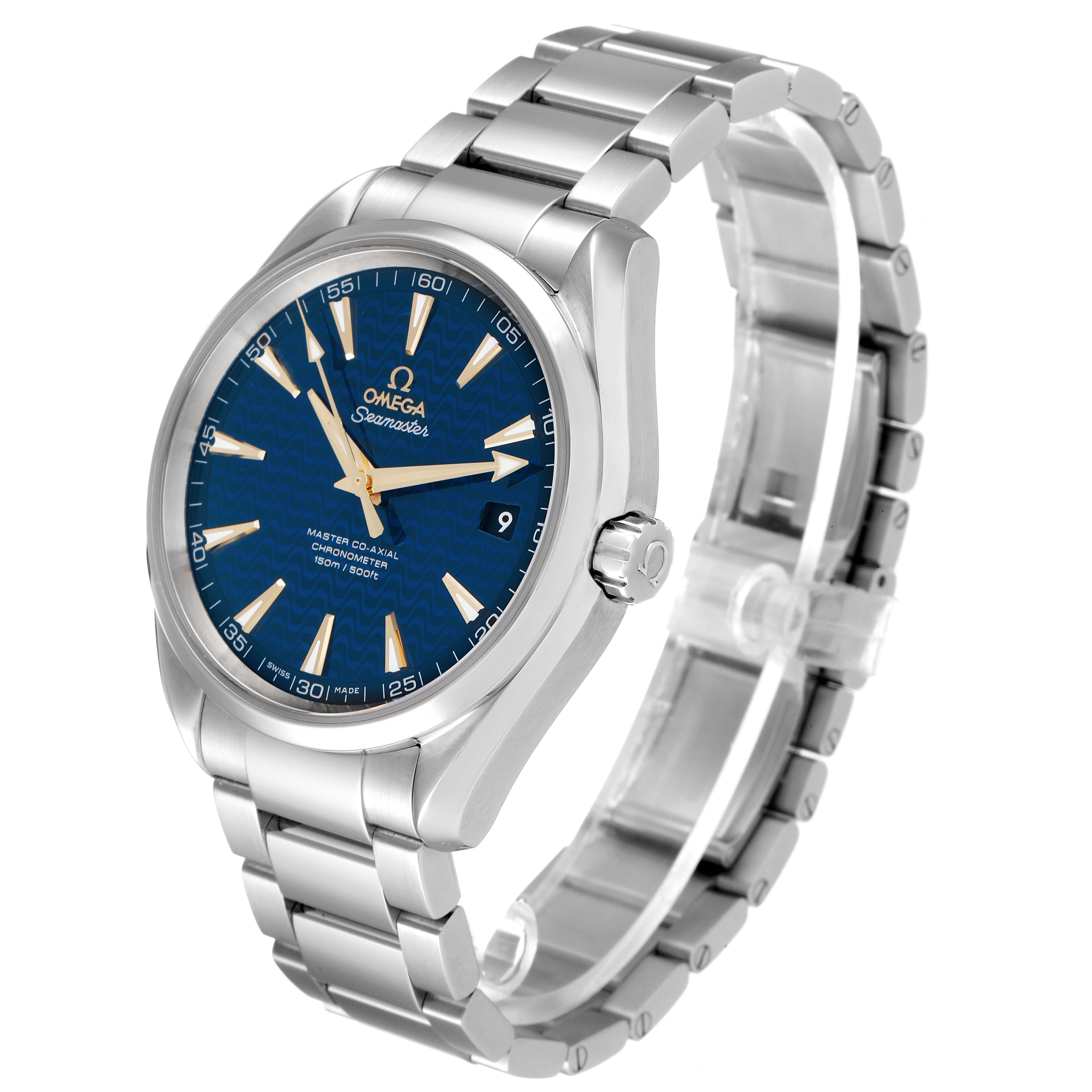 The Omega Aqua Terra 231.10.42.21.03.006 Men
s Stainless Steel Blue Dial 231.10.42.21.03.006 Men
s Stainless Steel Blue Dial watch is shown at a slight angle, highlighting the blue dial, bracelet, and crown.