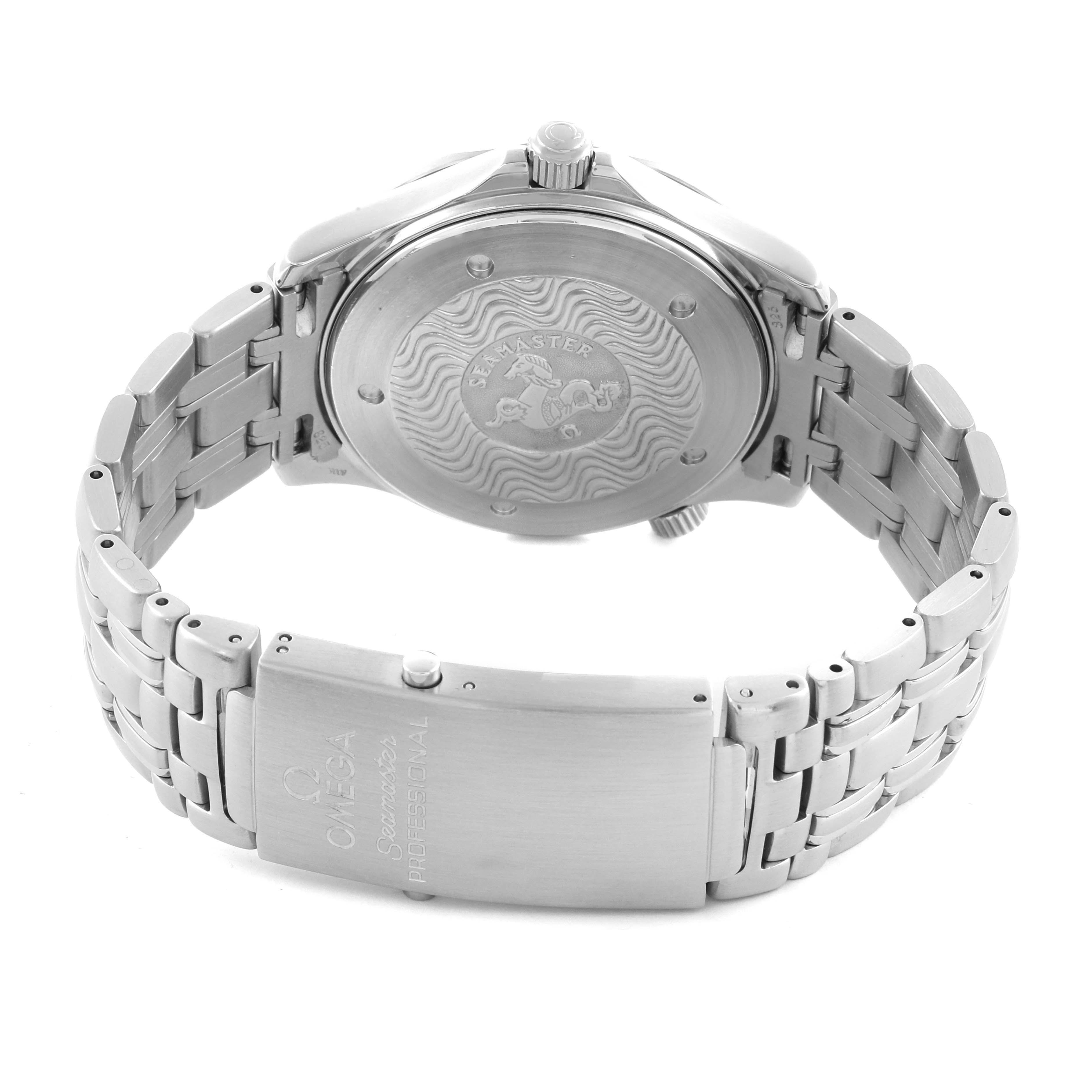 The image shows the back and bracelet of an Omega Seamaster 2531.80.00 Men's Stainless Steel Blue Dial 2531.80.00 Men's Stainless Steel Blue Dial, highlighting the engraved case back and clasp.