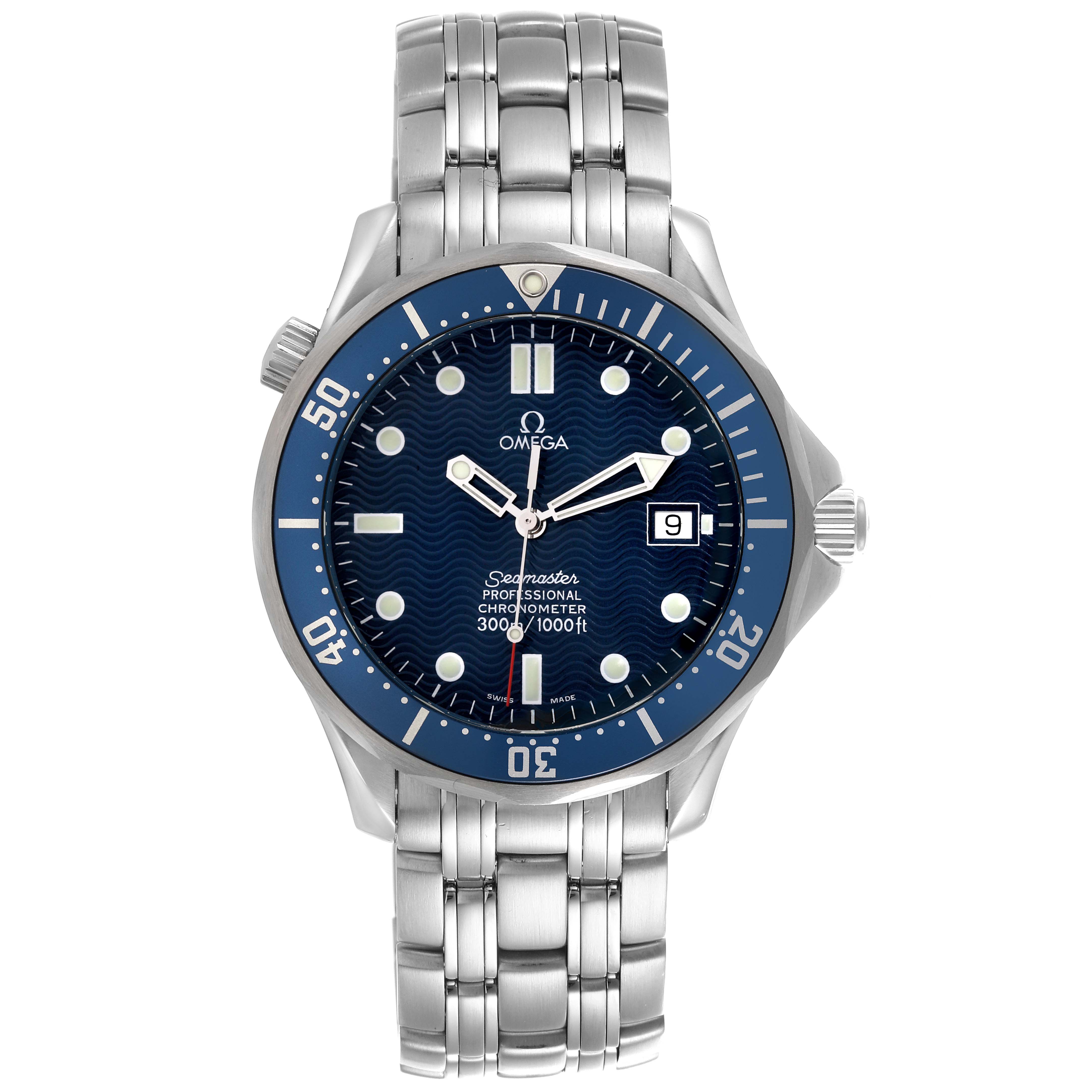 The Omega Seamaster 2531.80.00 Men's Stainless Steel Blue Dial 2531.80.00 Men's Stainless Steel Blue Dial watch is shown from the front, displaying the dial, bezel, bracelet, and crown.