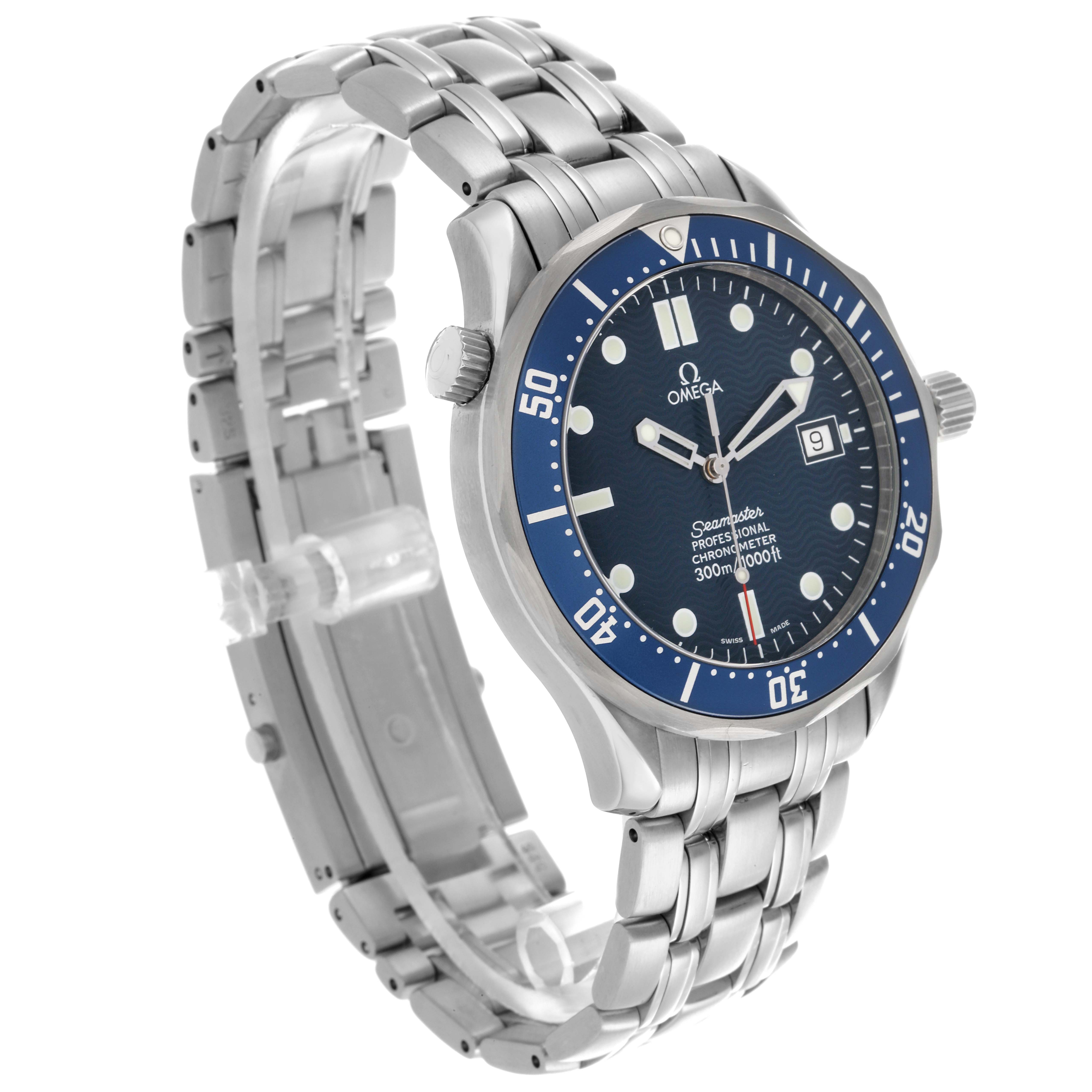 The Omega Seamaster 2531.80.00 Men's Stainless Steel Blue Dial 2531.80.00 Men's Stainless Steel Blue Dial watch is shown at a slight angled side view, displaying the face, bezel, crown, and metal bracelet.