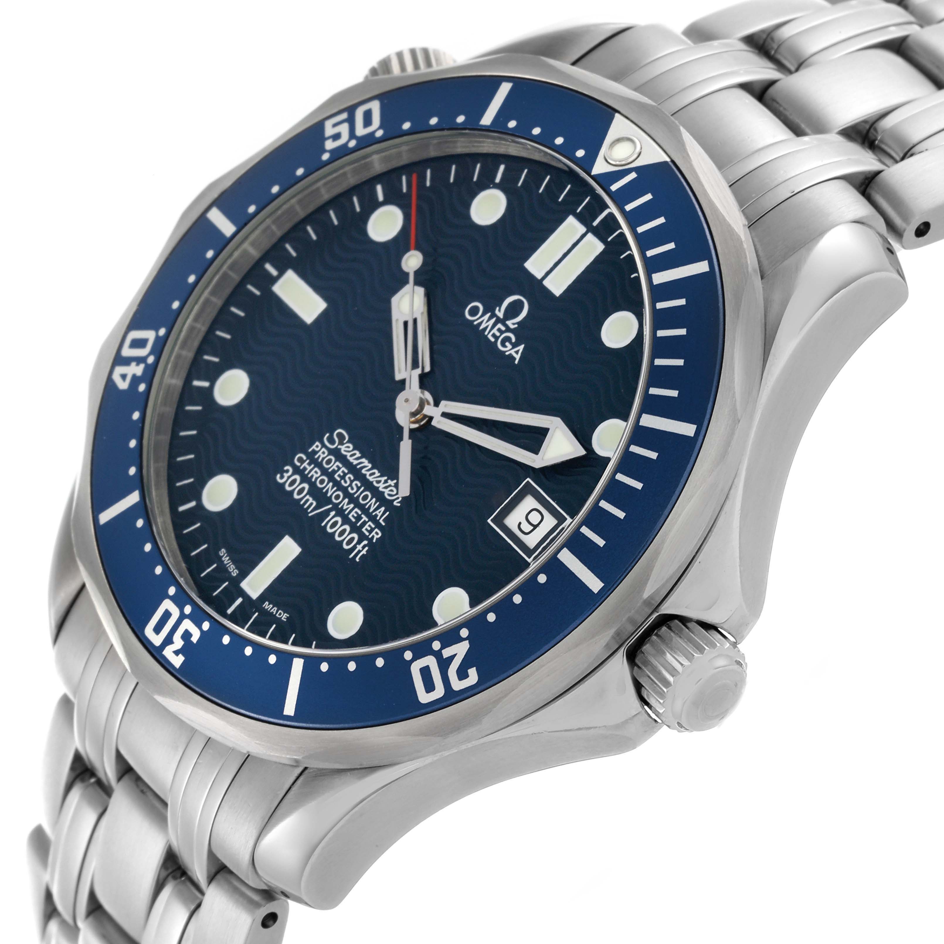 The Omega Seamaster 2531.80.00 Men's Stainless Steel Blue Dial 2531.80.00 Men's Stainless Steel Blue Dial watch is shown at a slight angle, highlighting the dial, bezel, crown, and bracelet in detail.