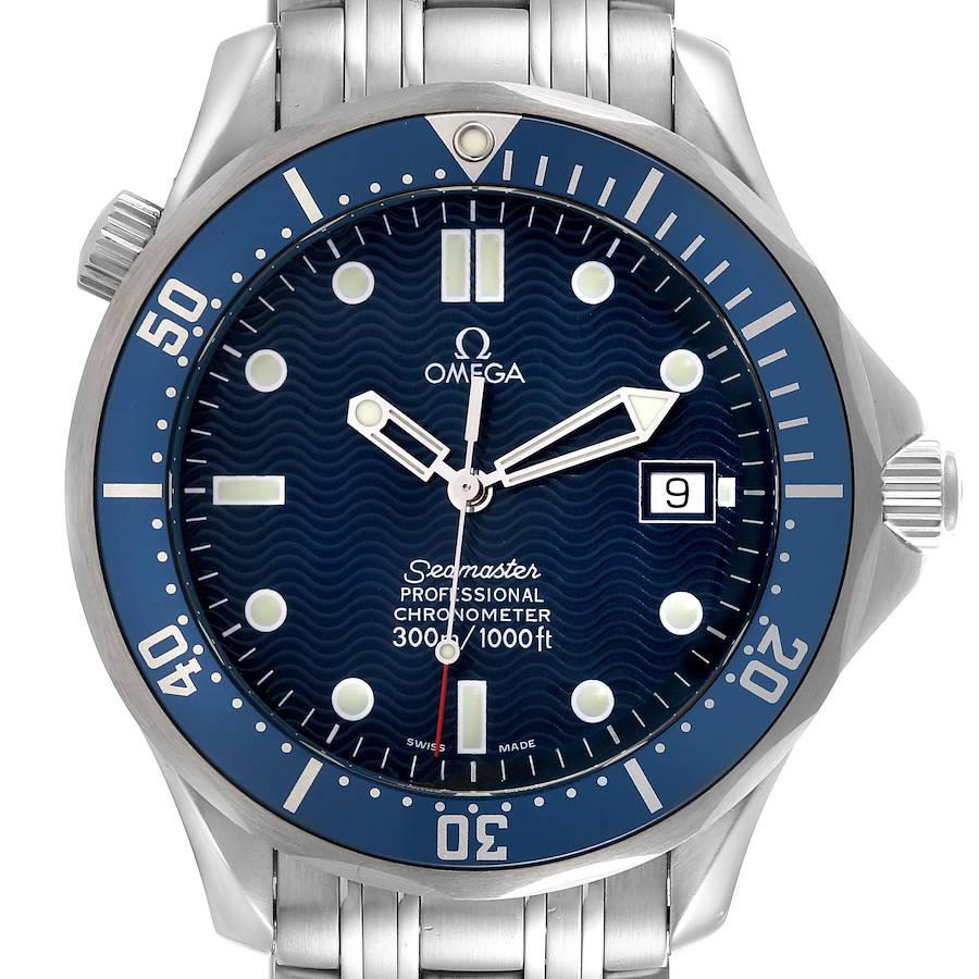 The Omega Seamaster watch is shown from the front, displaying the dial, bezel, hour markers, and date window.