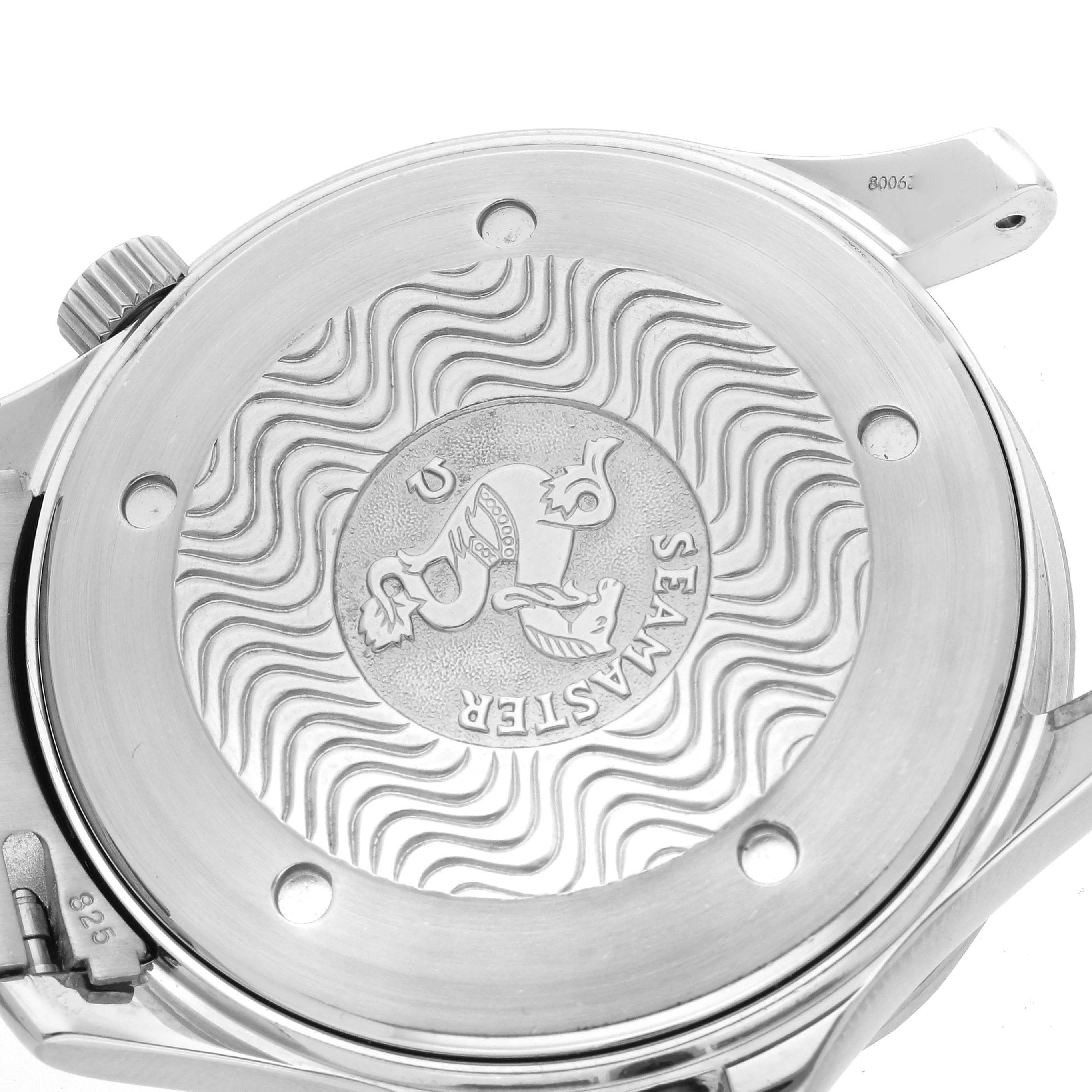 The image shows the back of the Omega Seamaster 2531.80.00 Men's Stainless Steel Blue Dial 2531.80.00 Men's Stainless Steel Blue Dial watch, featuring its engraved case back design.