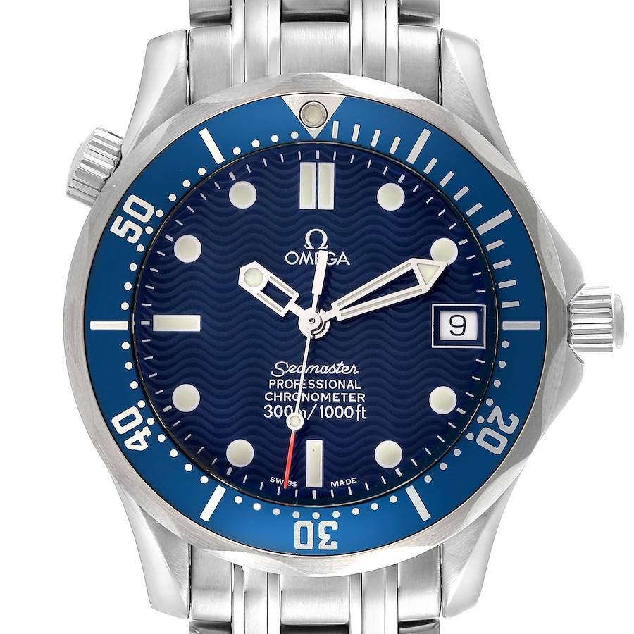 The Omega Seamaster watch is shown from a front view, highlighting its blue dial, bezel, bracelet, and crown.