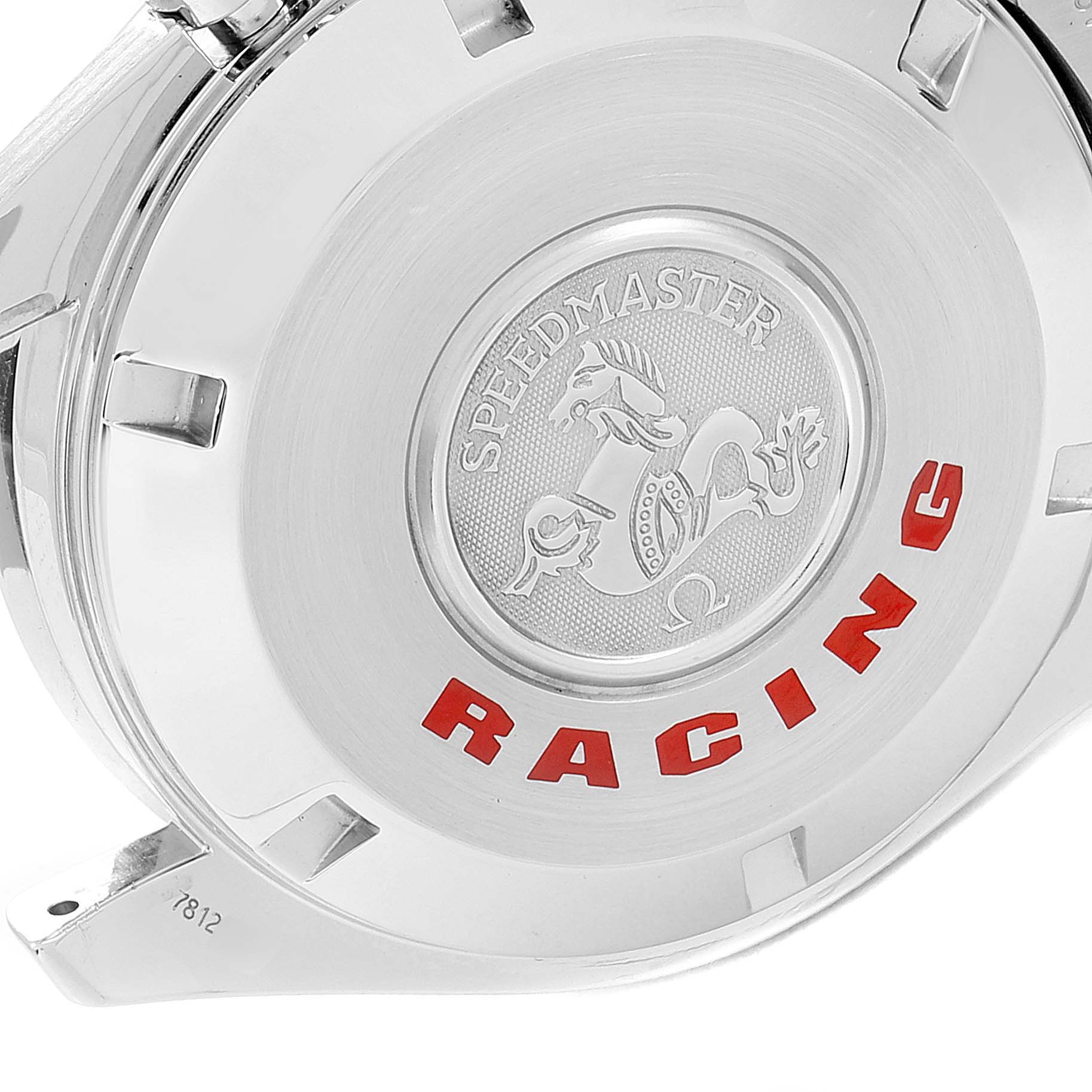 The image shows the case back of an Omega Speedmaster 3552.59.00 Men
s Stainless Steel Black Dial 3552.59.00 Men
s Stainless Steel Black Dial Racing watch, featuring an engraved motif and the word "RACING" in red letters.